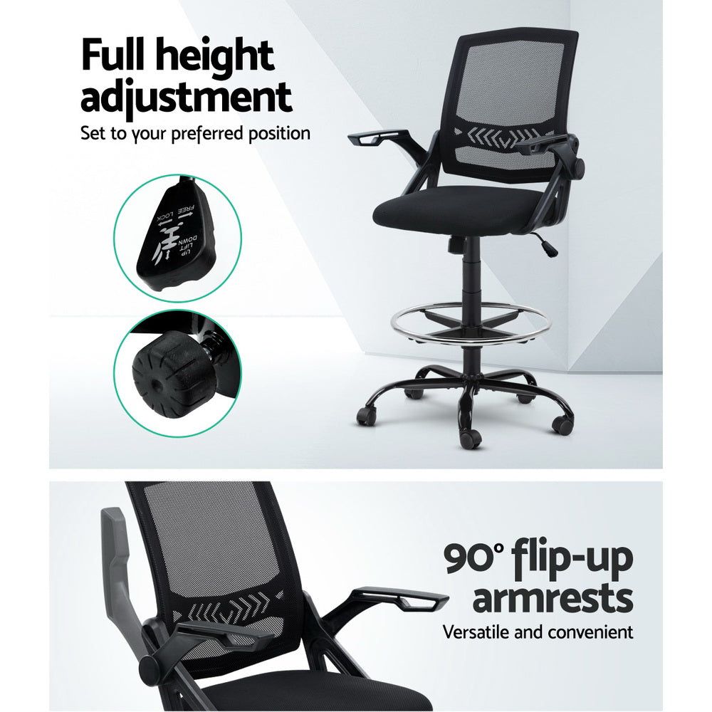 Ergonomic Artiss Office Chair - Adjustable Mesh Drafting Stool with Lumbar Support, Black - Perfect for Home Office, Gaming & Study Desk Setup