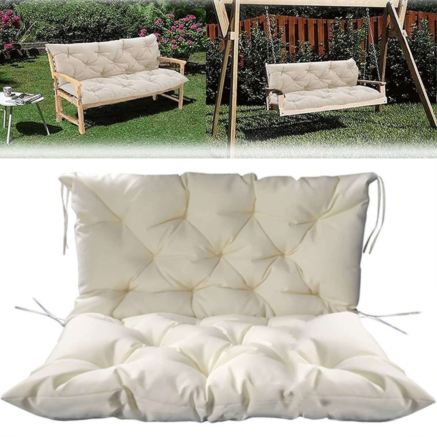 3-Seat Swing Replacement Cushions - Waterproof Outdoor Bench Cushions with Backrest & Ties, Non-Slip Patio Swing Cushions for Garden, Porch (Beige, 40x59 Inch) - Perfect for Relaxing on Your Deck or Backyard Swing