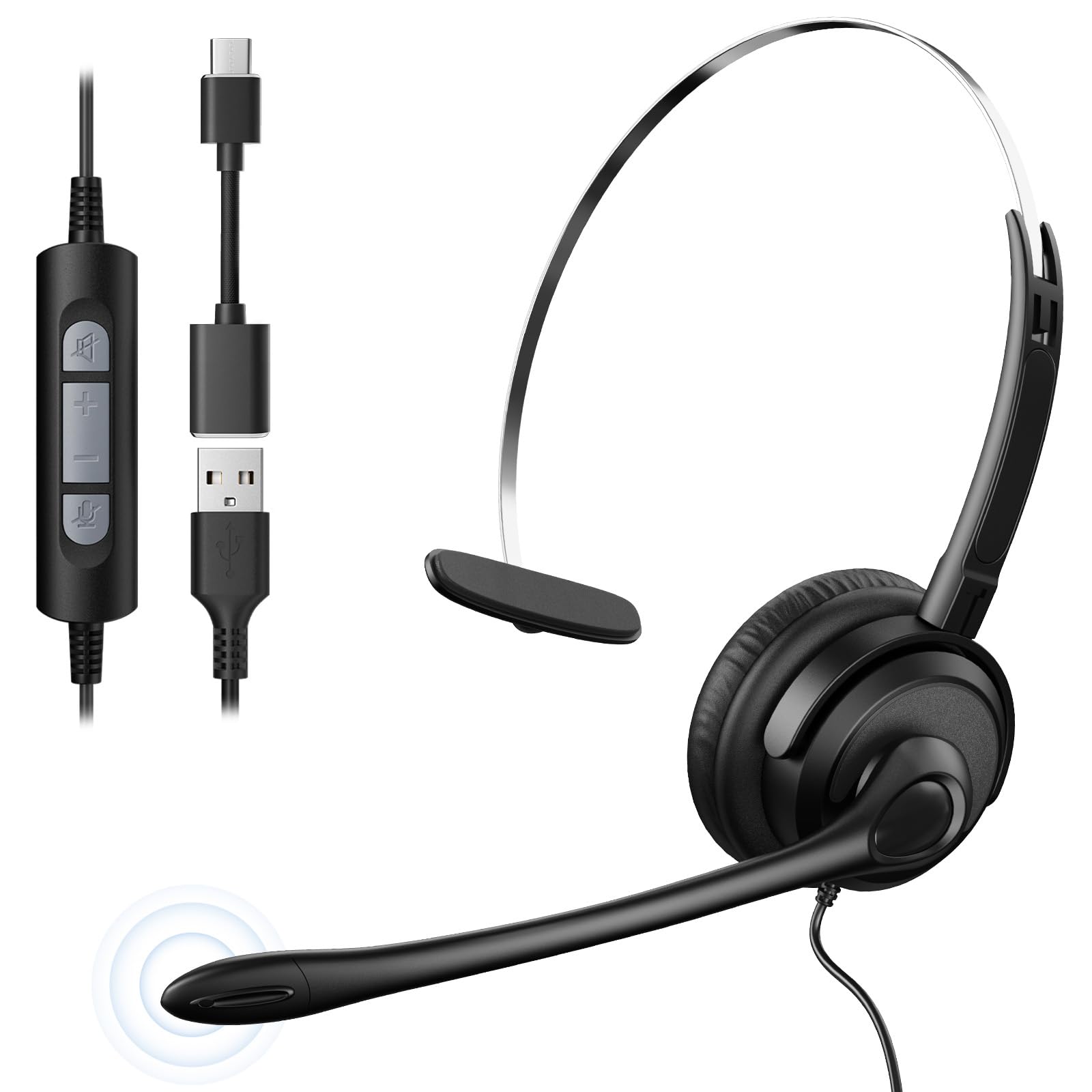 Noise Cancelling USB Headset with Microphone for PC & Laptop - Wired On-Ear Office Headphones with In-Line Volume Control - Ideal for Call Centers, Online Classes, Zoom Meetings, Skype Calls & Remote Work