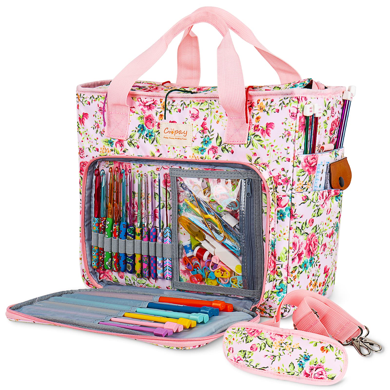 Coopay Large Crochet Bag - Yarn Storage Organizer with Multiple Pockets for Knitting Supplies, Crochet Hooks, Skein Wool & Projects - Travel-Friendly Tote for Crafters (Pink Flower Design) - Perfect for Knitting on the Go, Crochet Classes & Craft Storage at Home