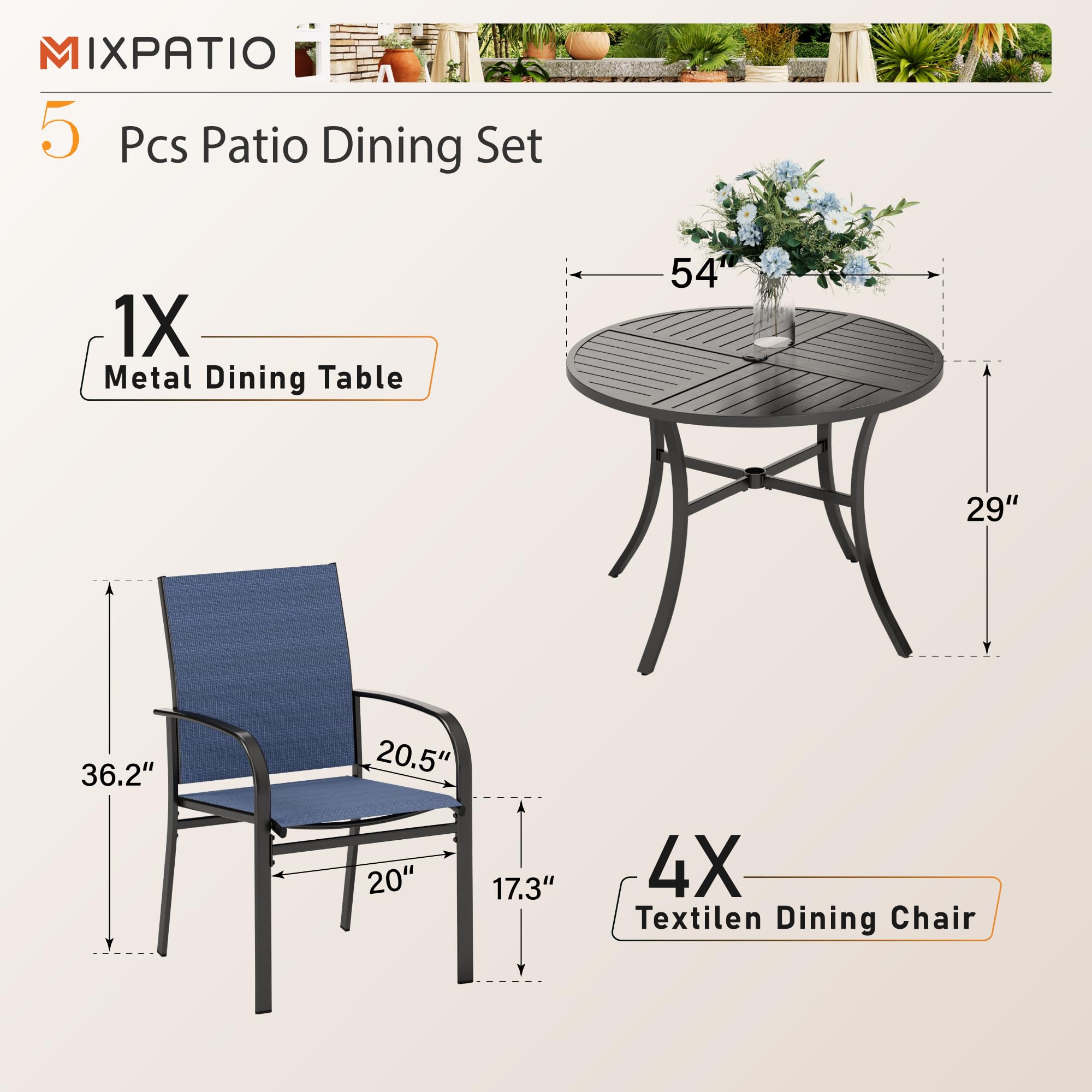 5-Piece Outdoor Dining Set - Round Metal Patio Table with 4 Blue Chairs for 4 People | Perfect for Garden, Backyard, Deck, Poolside & Outdoor Entertaining