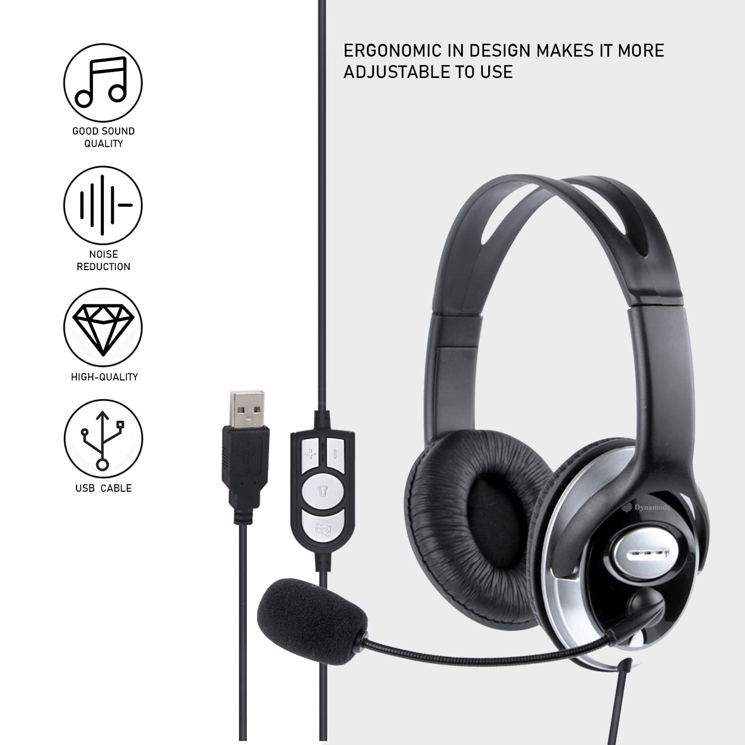 Dynamode USB Wired Headset with Microphone - Noise Cancelling Adjustable Computer Headphones for Gaming, Office, Work - 1.7m Cable for PC, Laptop, Chat, Calls & Streaming (Black) - Perfect for Remote Work, Online Classes & Conference Calls