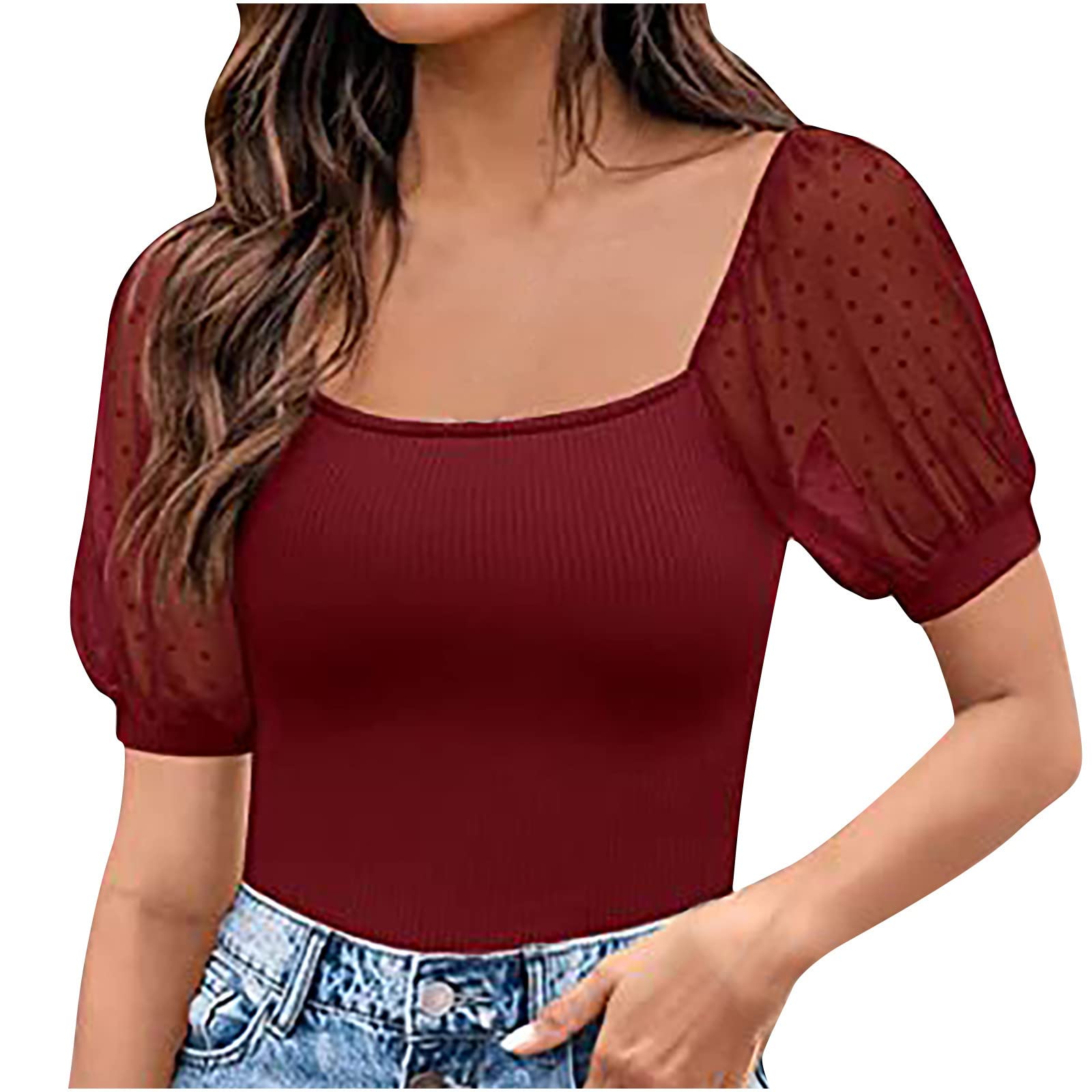 Women's Summer Cropped Top - Short Sleeve Sexy Lace Blouse, Solid Color Casual Shirt, Slim Fit Holiday Tops for Beach, Party & Vacation Wear