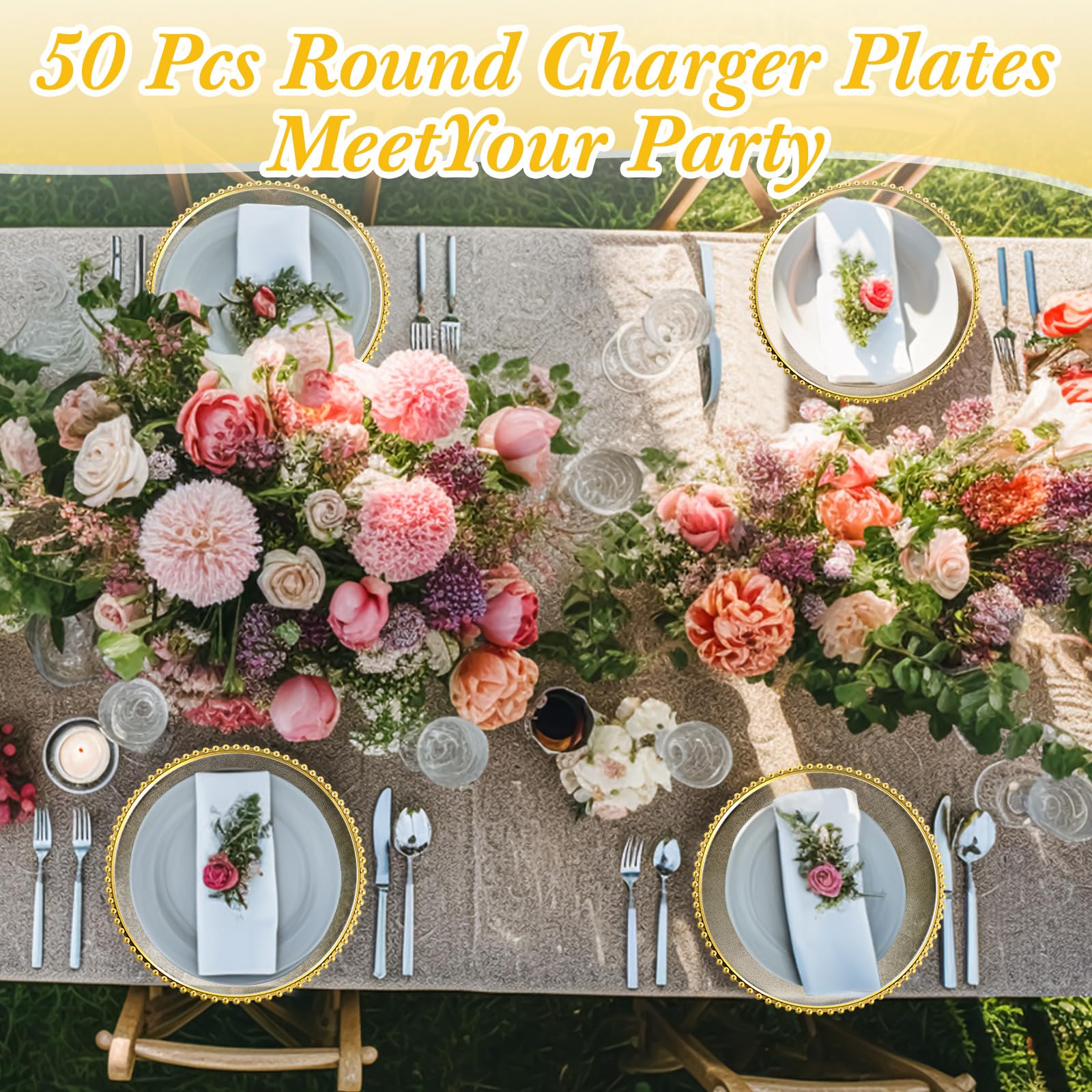 50 Pack Clear Acrylic Charger Plates - 13 Inch Round Plastic Dinner Plates with Beaded Edge & Frosted Grain for Weddings, Parties, Events - Elegant Gold Decorative Service Plates for Home, Kitchen & Tabletop Decor