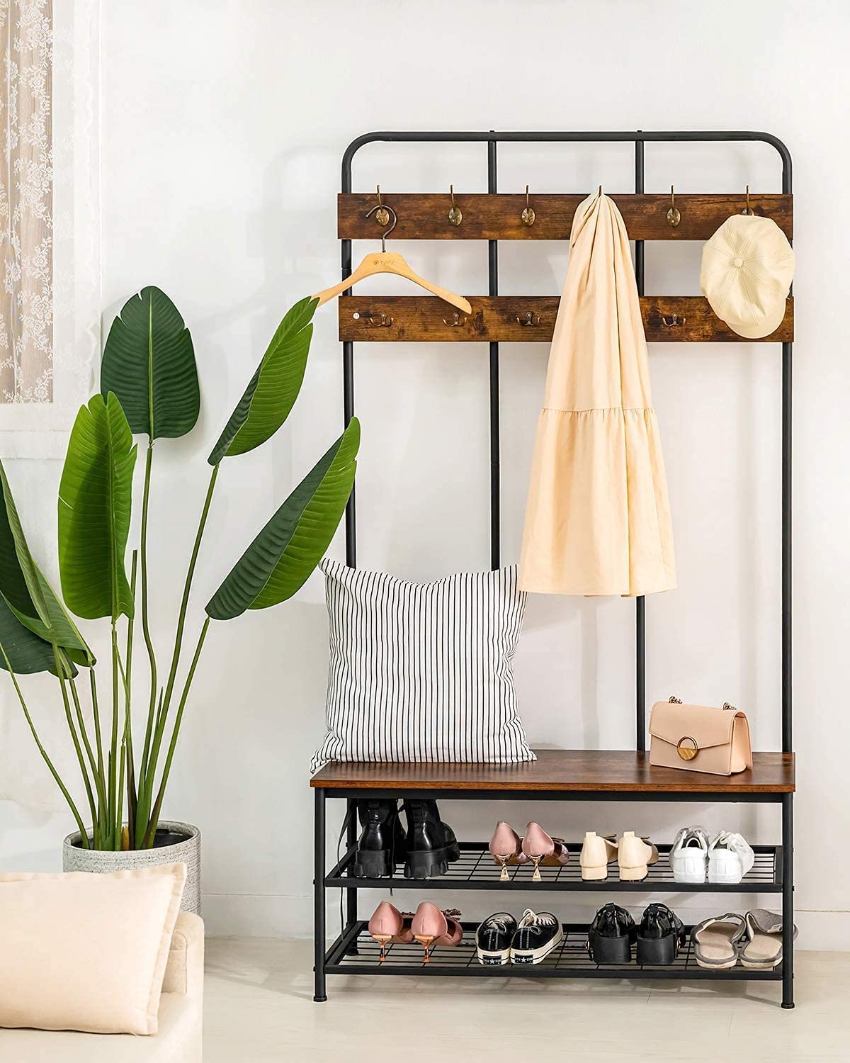 QCen 72 Inch Industrial Hall Tree Entryway Bench with Coat Rack & Shoe Storage - Wood Look Accent Furniture with 12 Hooks & Metal Frame - Perfect for Mudroom, Foyer & Small Space Organization