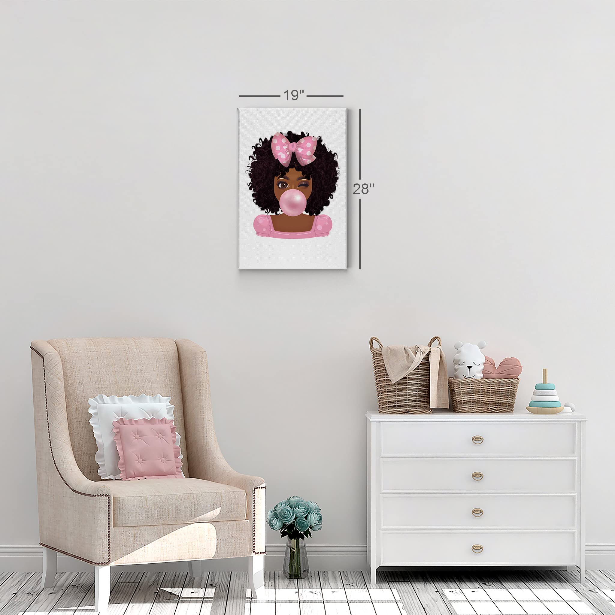 Twinkled Cute African Girl Pink Bubble Gum Canvas Wall Art Print - Afro Baby Nursery Decor with Dotted Ribbon Bow - Ready to Hang 17x11 - Perfect for Kids' Room, Bedroom & Home Decoration - Made in USA