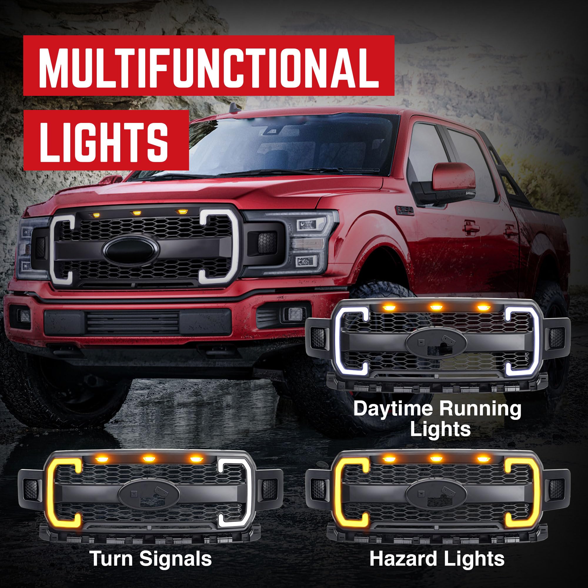 Raptor Style Mesh Front Grille with DRL & Turn Signals for Ford F150 (2018-2020) | Matte Black | Emblem Base | Off-Road & Street Style Upgrade