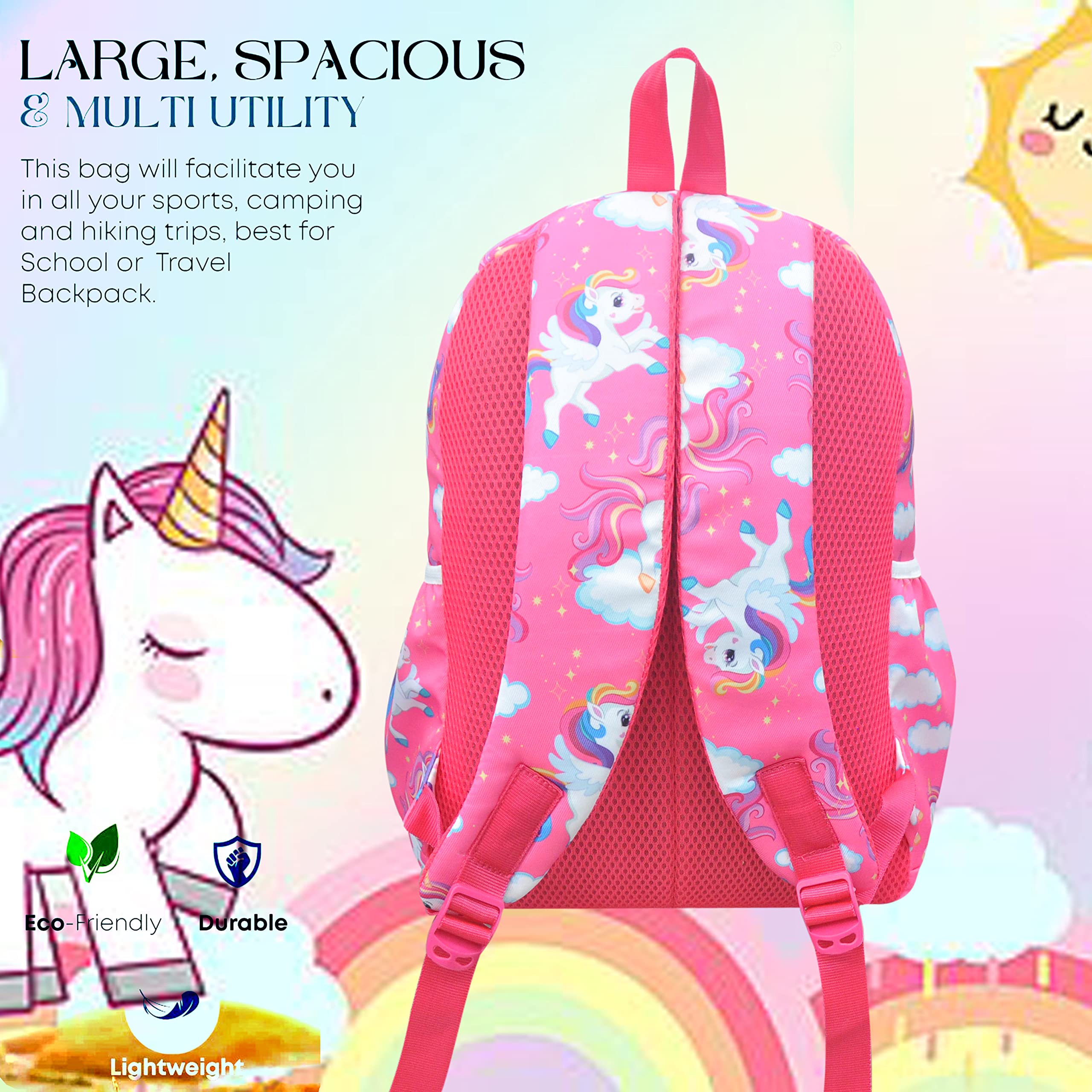 Happile Pink 23L Kids School Backpack Set - 3 Piece Combo with School/Picnic Bag, Sling Bag & Pencil Pouch for Boys & Girls Ages 5-8 | Perfect for School, Travel & Outdoor Activities