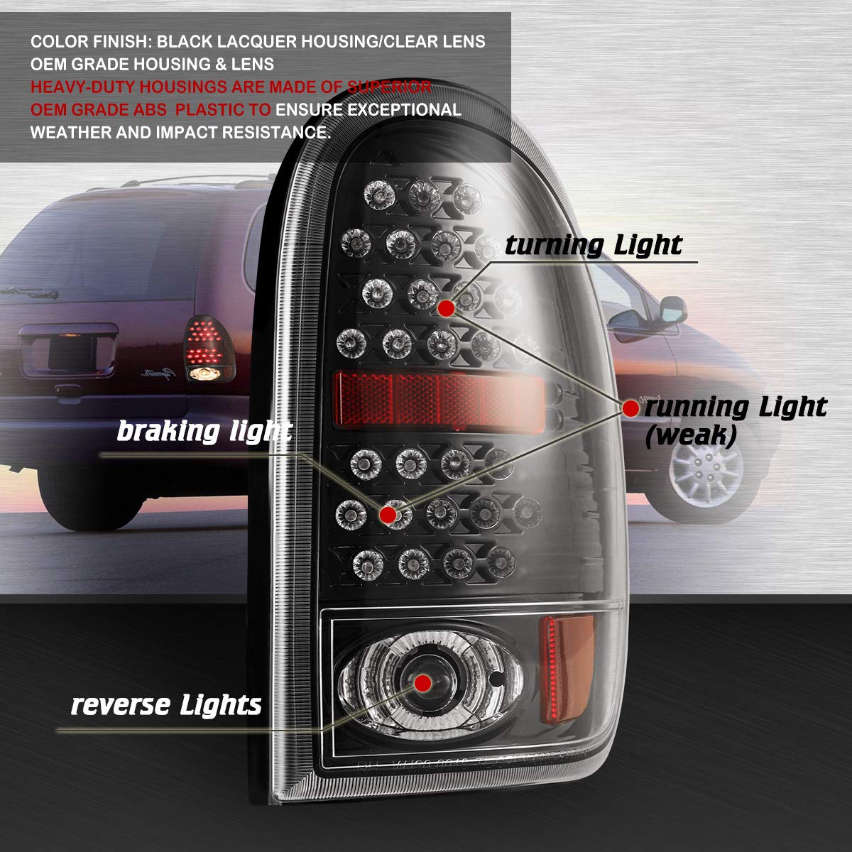 AUTOWIKI LED Tail Lights Replacement for 1998-2003 Dodge Durango, 1996-2000 Dodge Caravan/Chrysler Town & Country/Plymouth Voyager - Glossy Black & Clear Tail Lamp Assembly (2PCS) - Enhanced Visibility & Style for Night Driving & Custom Car Upgrades