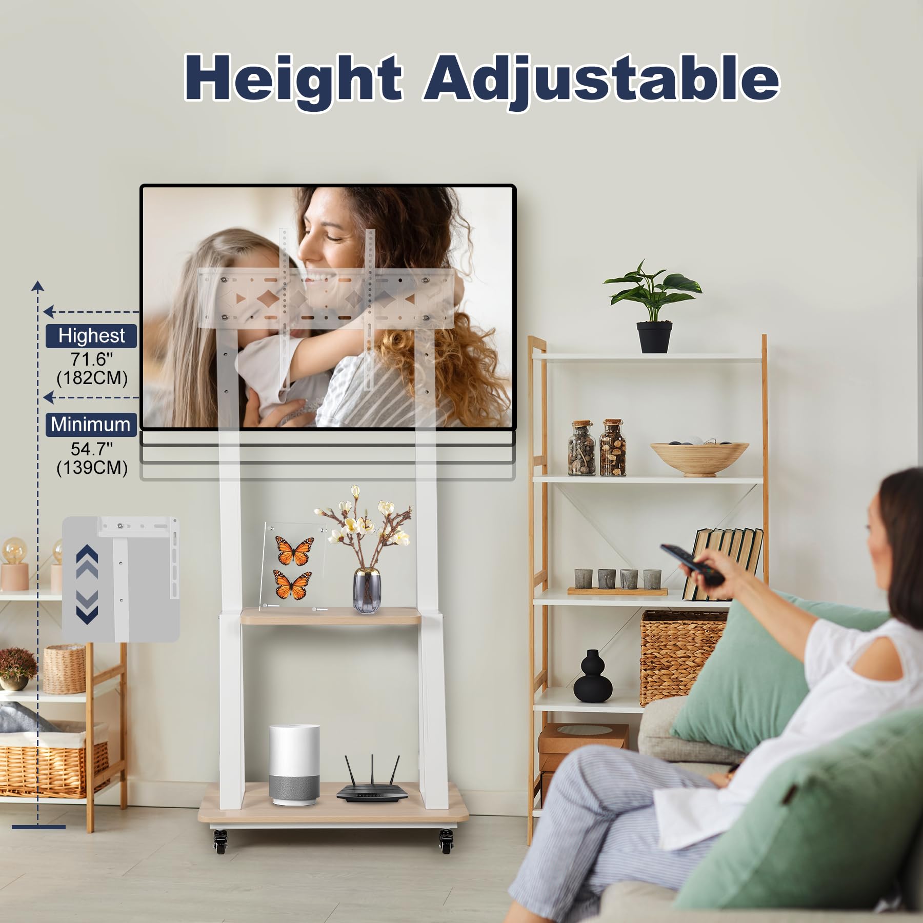 Adjustable Rolling TV Stand for 32-75 Inch Flat/Curved Screens - Heavy-Duty Mobile TV Cart with Wheels & Wood Shelf, Supports LCD/LED/OLED TVs up to 100lbs (White) - Perfect for Living Room, Bedroom, or Office Entertainment Setup
