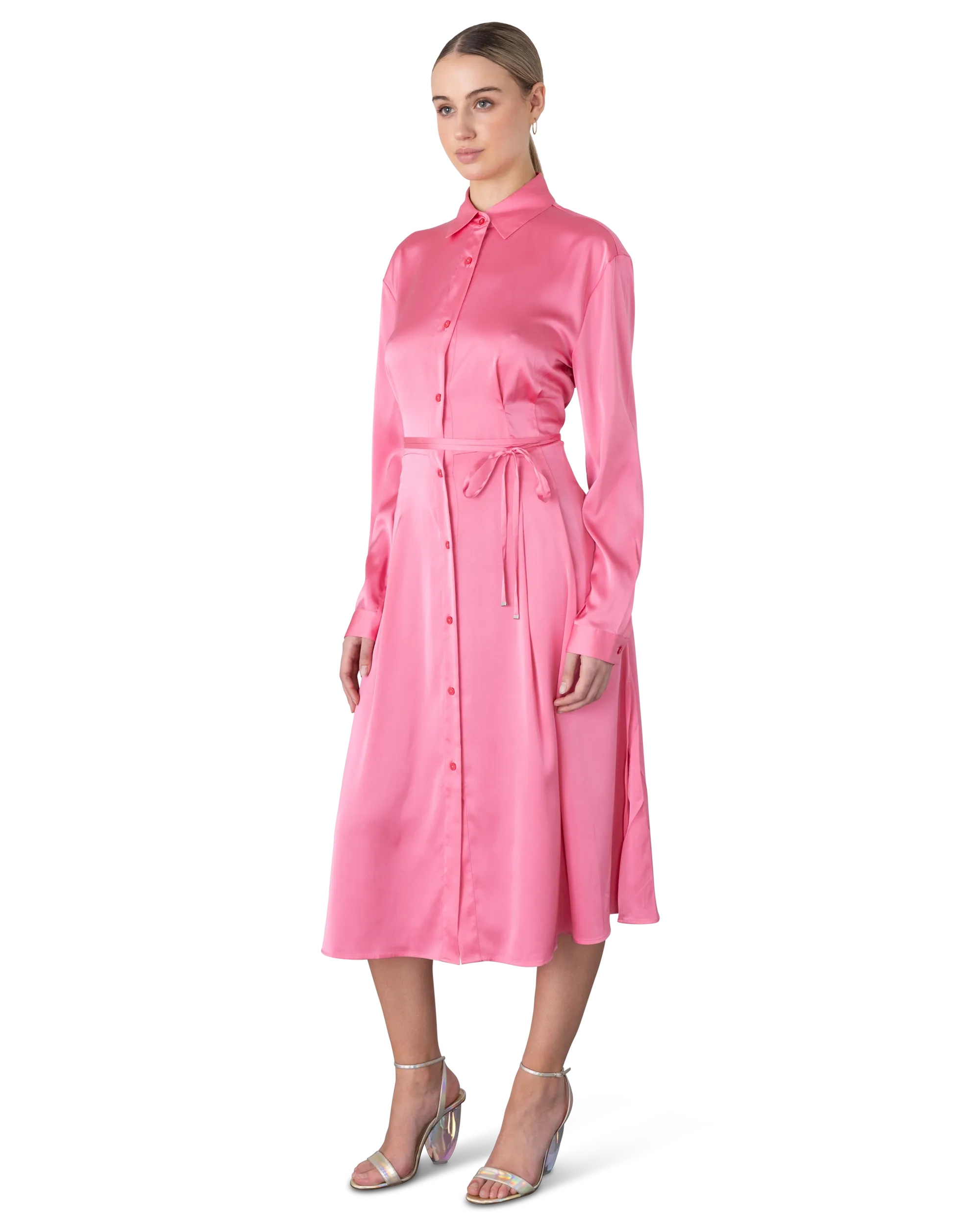 Kleoma Women's Satin Shirt Dress - Elegant Long Sleeve Button Down Blouse Dress for Work, Party & Date Night | Plus Size Options Available