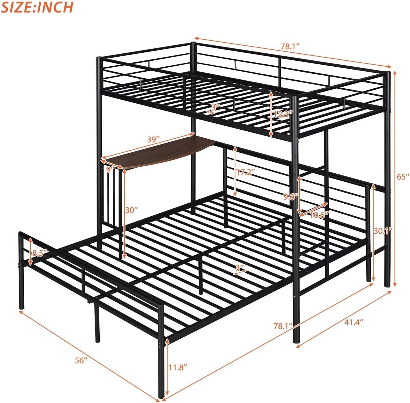 Twin Over Full Metal L-Shaped Bunk Bed with Desk - Space Saving Convertible Bunk Bed Frame for Kids & Teens | Guardrail & Ladder Included | Noise-Free Black Finish | Converts to Twin Loft Bed or Full Platform Bed | Perfect for Small Bedrooms, Dorm Rooms & Shared Kids' Spaces