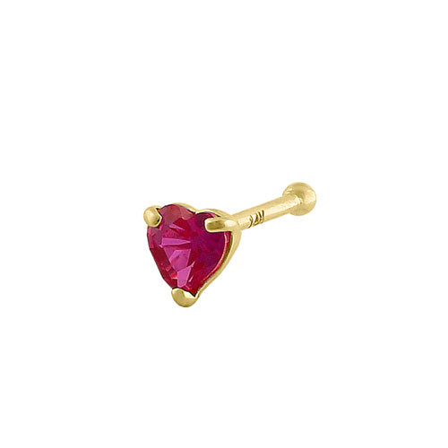 14K Solid Yellow Gold Ruby Heart CZ Straight Nose Stud - Hypoallergenic Nose Ring for Women, Perfect for Everyday Wear & Special Occasions
