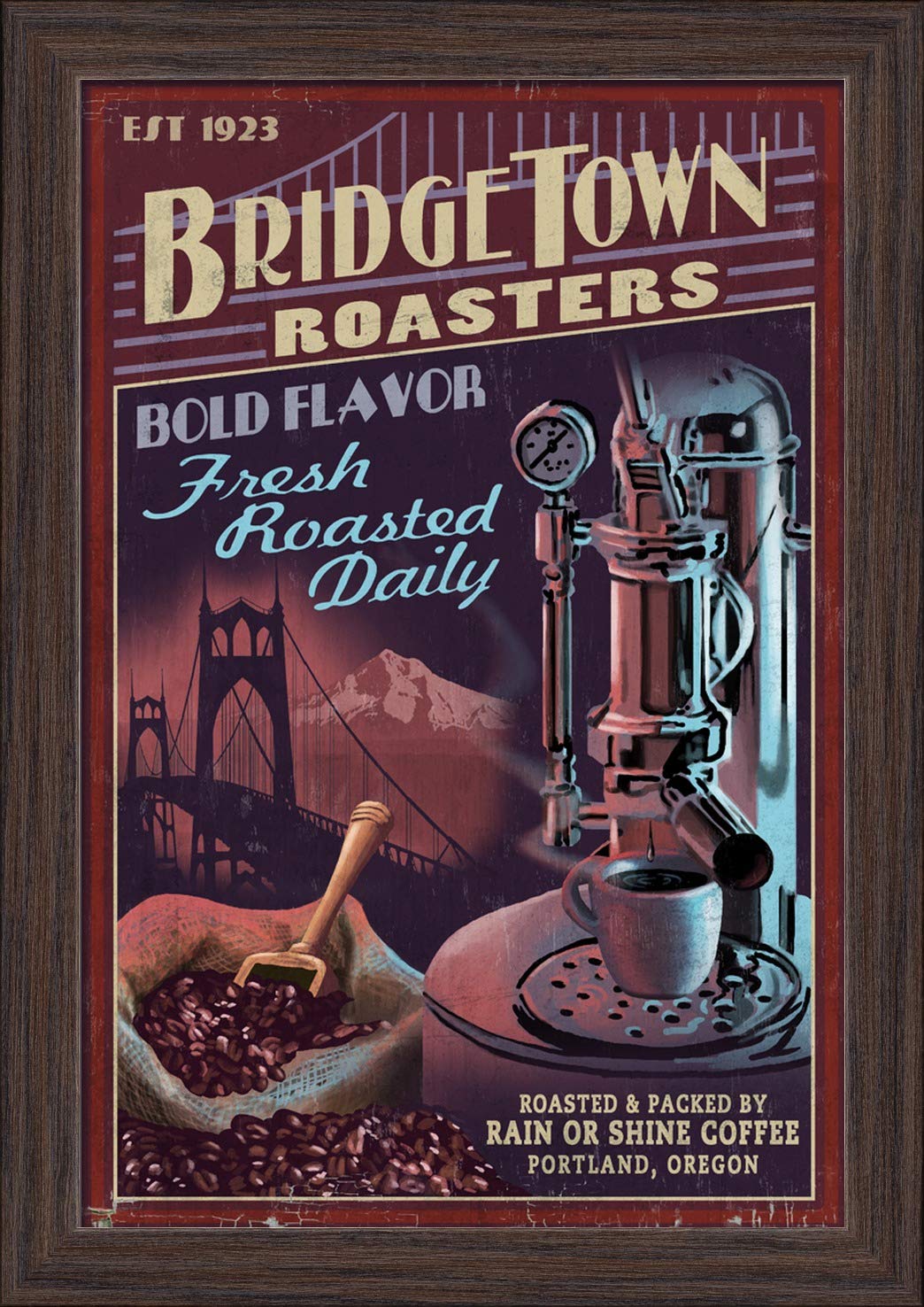 Vintage Portland Oregon Coffee Roasters Sign - 12x18 Giclee Fine Art Print with Recycled Wood Frame in Espresso Brown - Perfect for Coffee Shop Decor, Home Bar & Kitchen Wall Art