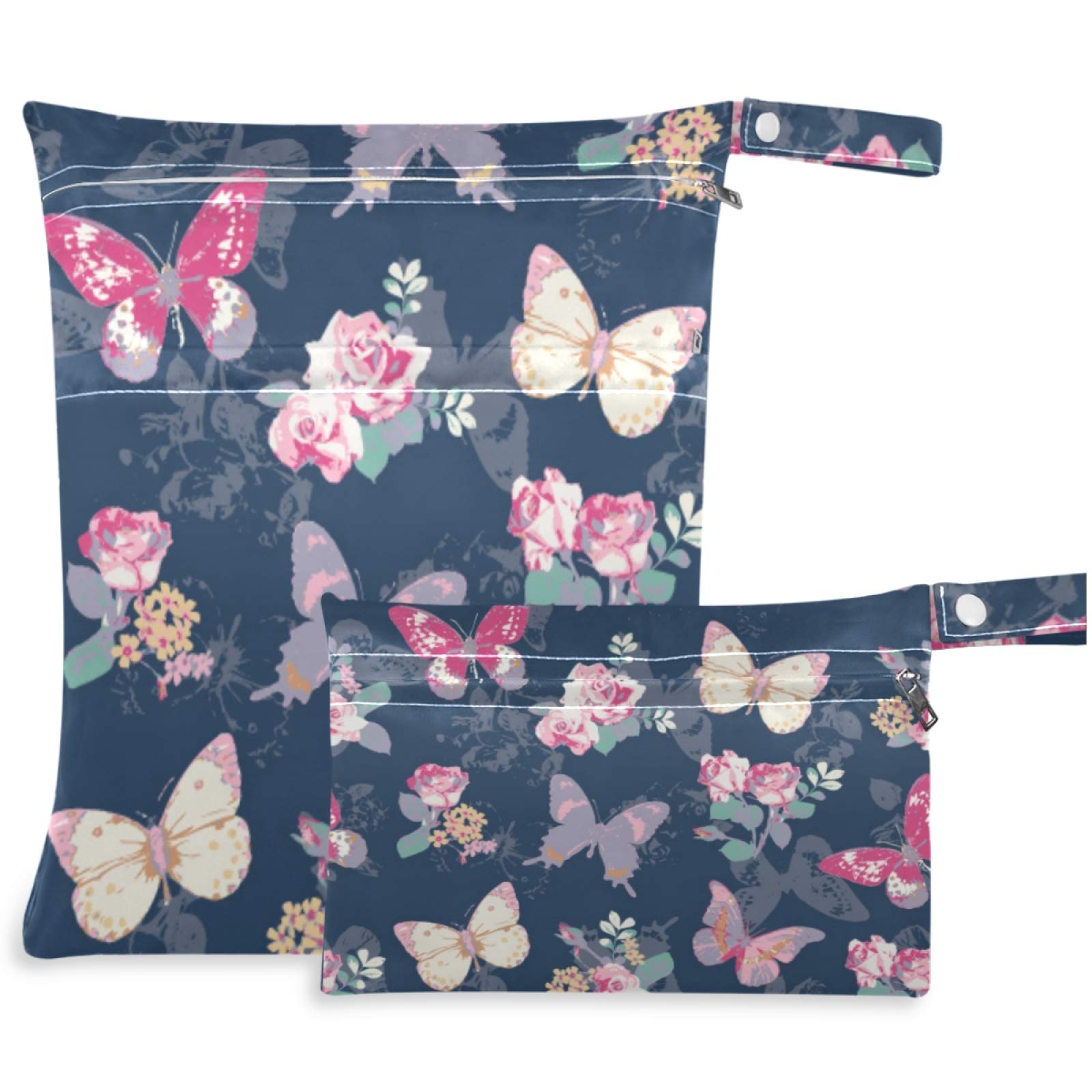 Visesunny Vintage Butterfly & Rose 2-Piece Waterproof Wet Bags with Zipper Pockets - Reusable, Washable, Roomy Storage for Travel, Beach, Pool, Gym, Daycare - Perfect for Swimsuits, Diapers, Toiletries & Dirty Clothes | Great for Moms, Athletes & Travelers
