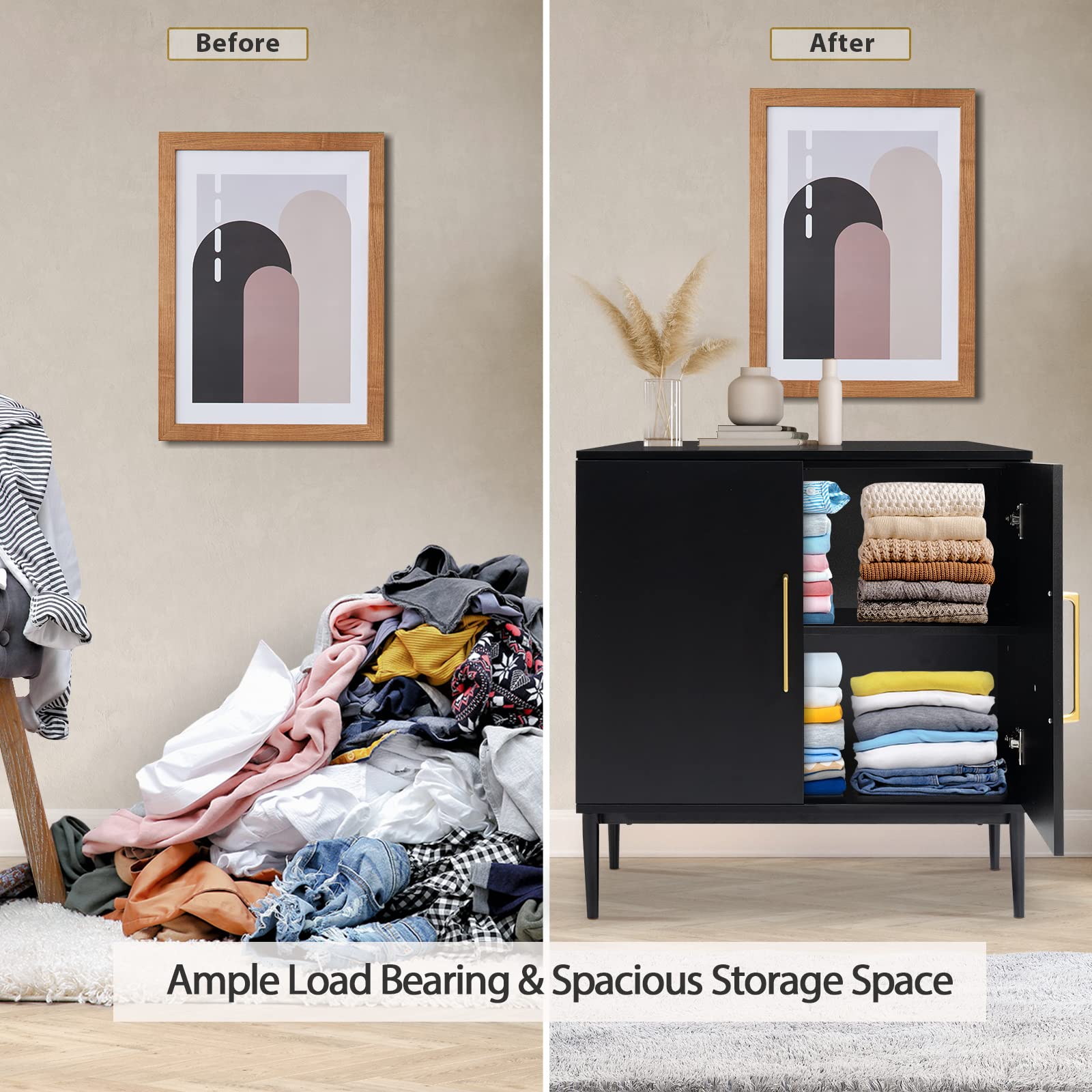 Modern Wood Storage Cabinet - Free Standing Buffet Sideboard with Wood Accent for Living Room, Hallway, Entryway, Dining Room & Bedroom - Stylish Black Storage Solution for Home Organization & Decor