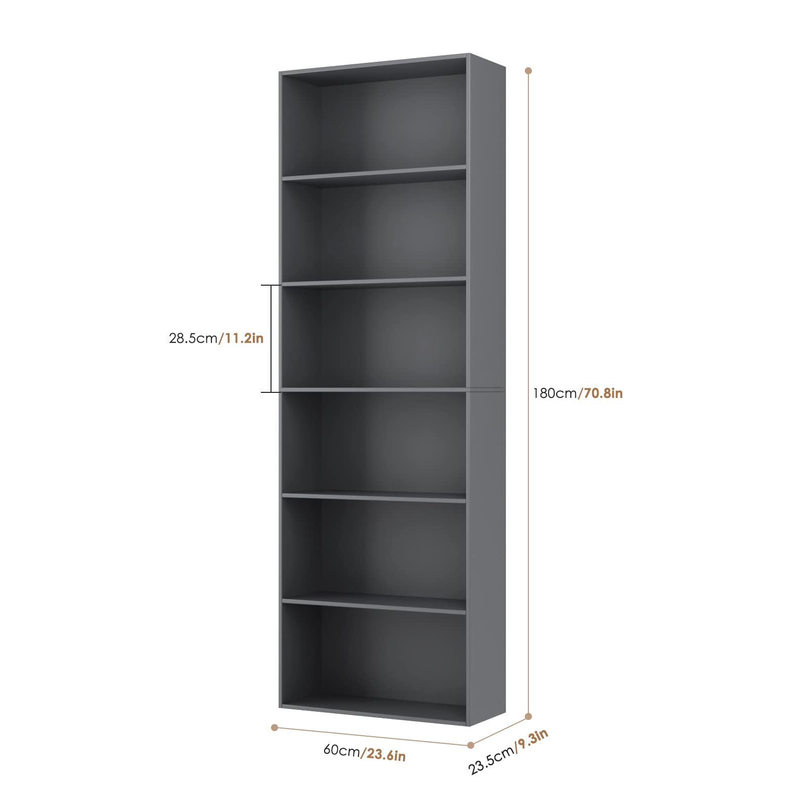 FOTOSOK 6-Tier Open Bookcase - Freestanding Bookshelf for Bedroom, Living Room & Office - Dark Gray Display Storage Shelf - Perfect for Organizing Books, Decor & Essentials in Home or Workspace