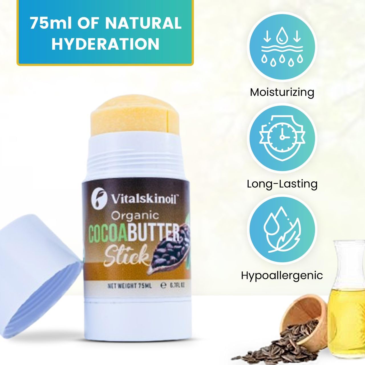 Organic Cocoa Butter Body Stick - Belly Butter, Heel Balm & Travel Lotion for Dry Skin (6.7 fl oz) | Moisturizing & Nourishing for Pregnancy, Cracked Heels & On-The-Go Hydration
