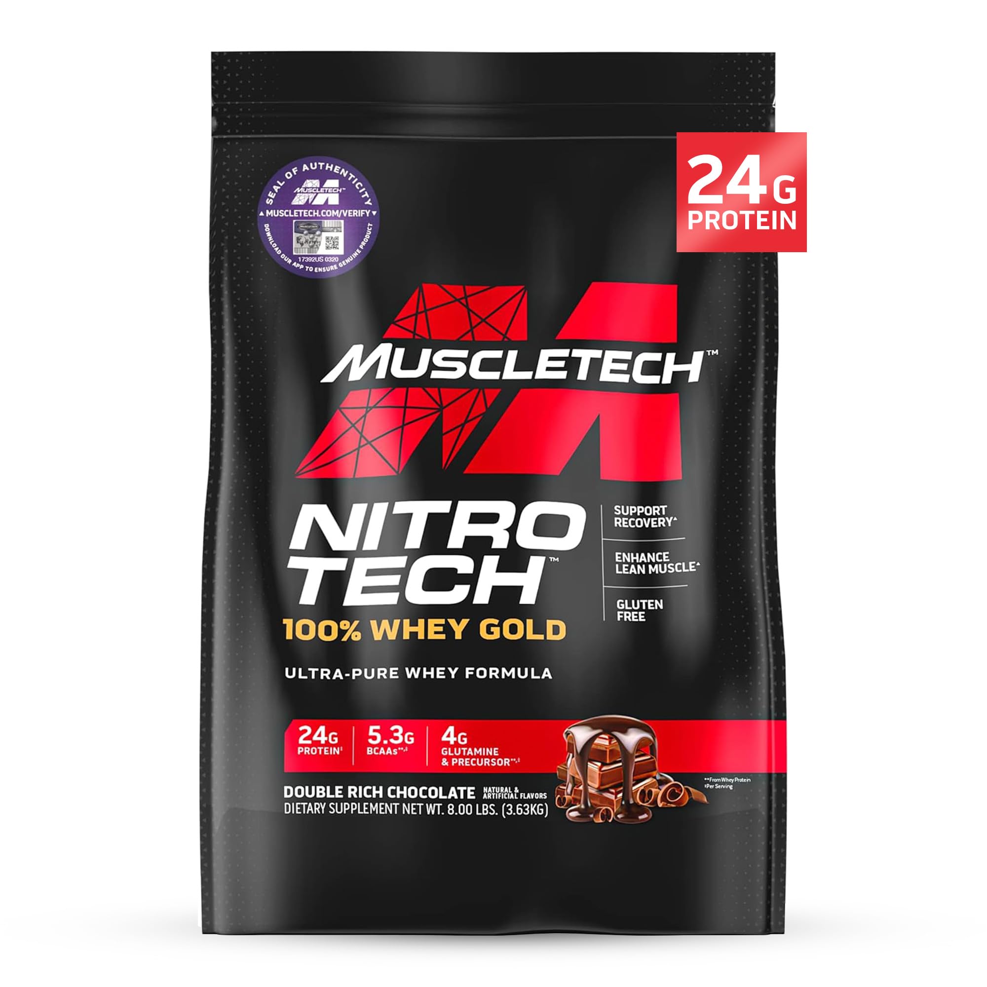 Nitro-Tech Whey Gold Protein Powder by MuscleTech - Premium Whey Isolate Smoothie Mix for Men & Women, 8 lbs (109 Servings) | Chocolate Flavor for Muscle Recovery & Post-Workout Nutrition