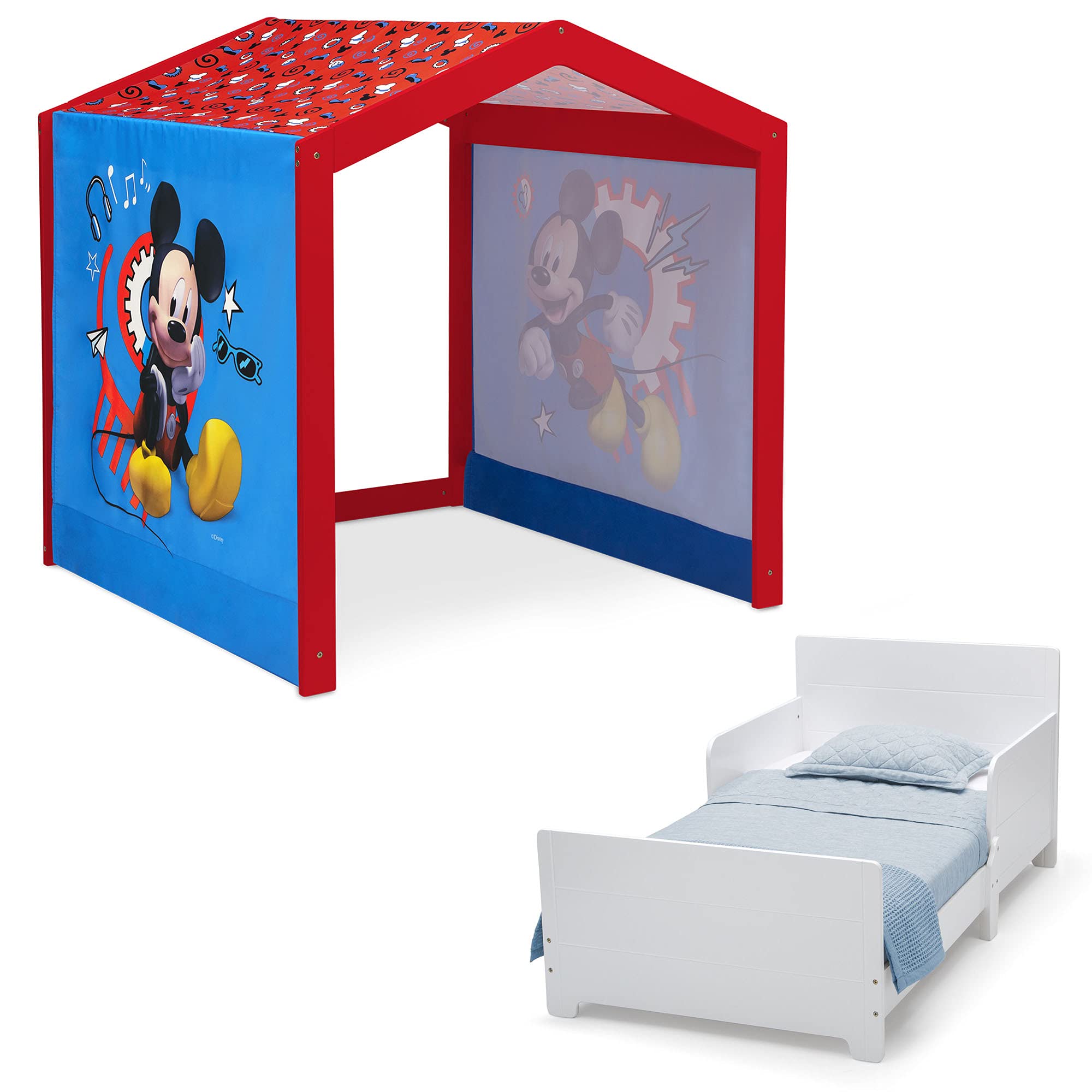 Disney Mickey Mouse Indoor Playhouse with Fabric Tent & MySize Wood Toddler Bed by Delta Children - White - Perfect for Kids' Bedroom, Playroom & Indoor Playtime