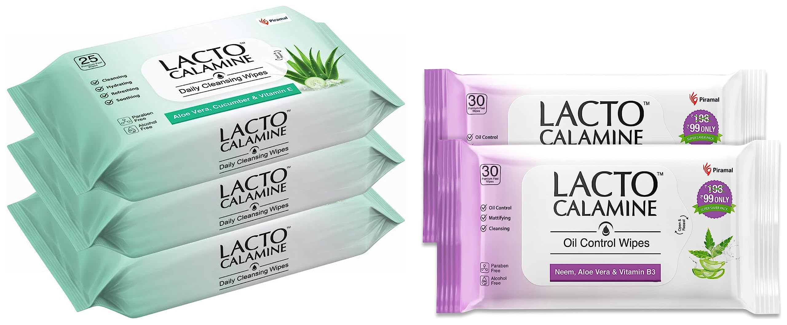 Lacto Calamine Daily Face Cleansing Wipes with Aloe Vera, Cucumber & Vitamin E - Oil Control Facial Wipes for Acne-Prone & Oily Skin - 75 Count (Pack of 3) + 60 Count (Pack of 2) - Perfect for Travel, Gym & On-the-Go Skincare
