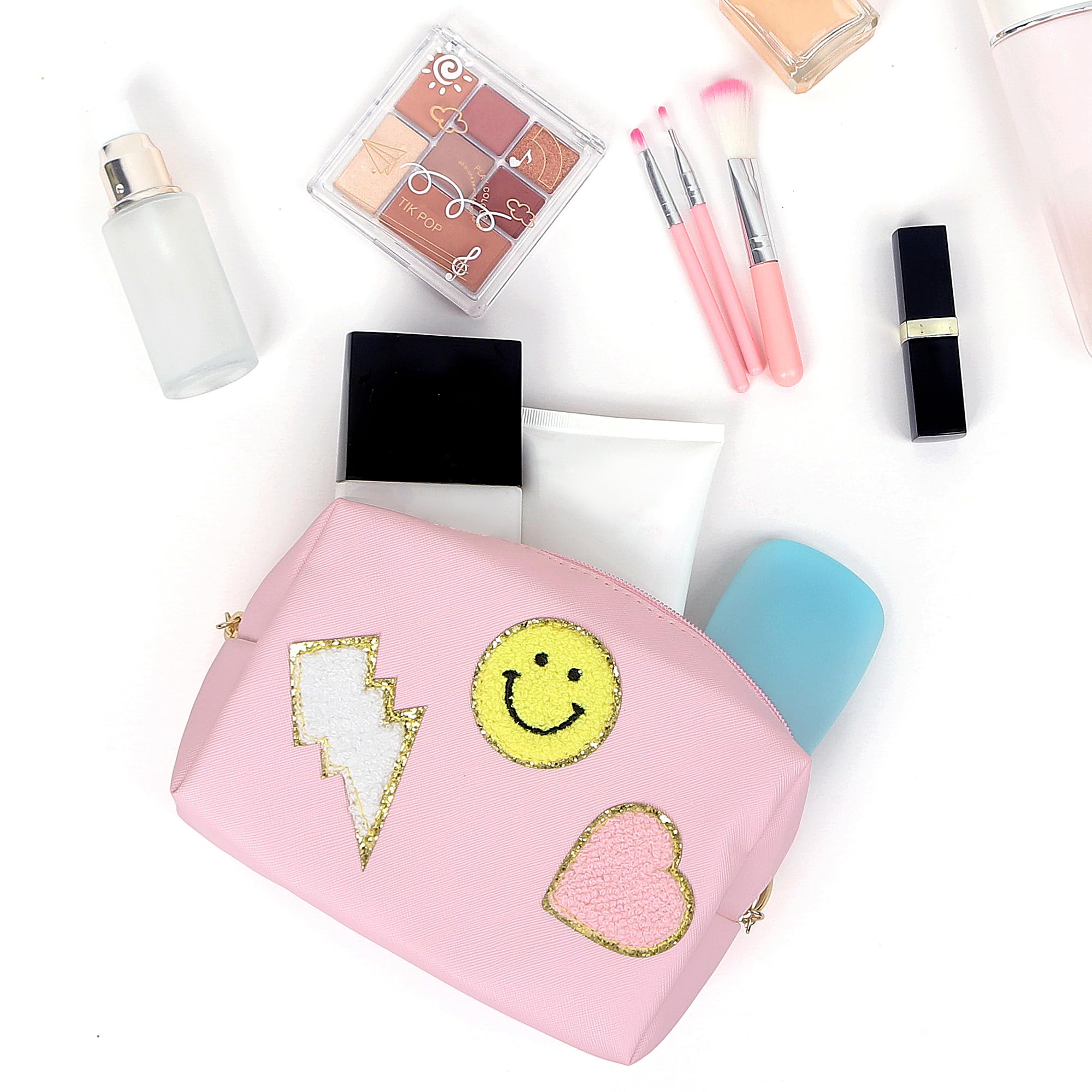 Preppy Patch Makeup Bag - Waterproof PU Leather Cosmetic Organizer for Women & Girls | Cute Pink Travel Toiletry Bag | Perfect for Daily Use, School, Travel & Gift Giving