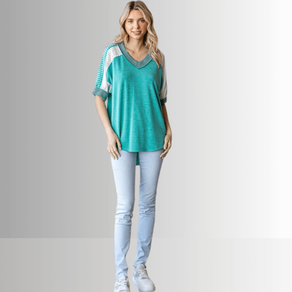 Jenna Mixed Fabric V Neck Top for Women - Stylish Casual Blouse for Everyday Wear, Office & Date Night Outfits
