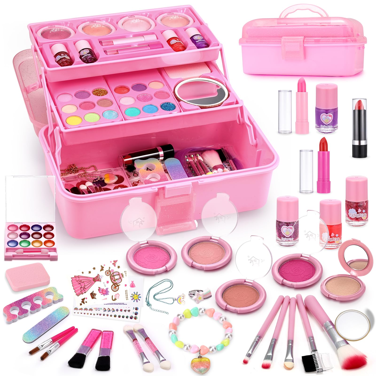 Anpro 68PCS Washable Kids Makeup Set - Princess Gift for Girls 3-10 Years (Pink) - Birthday & Christmas Present