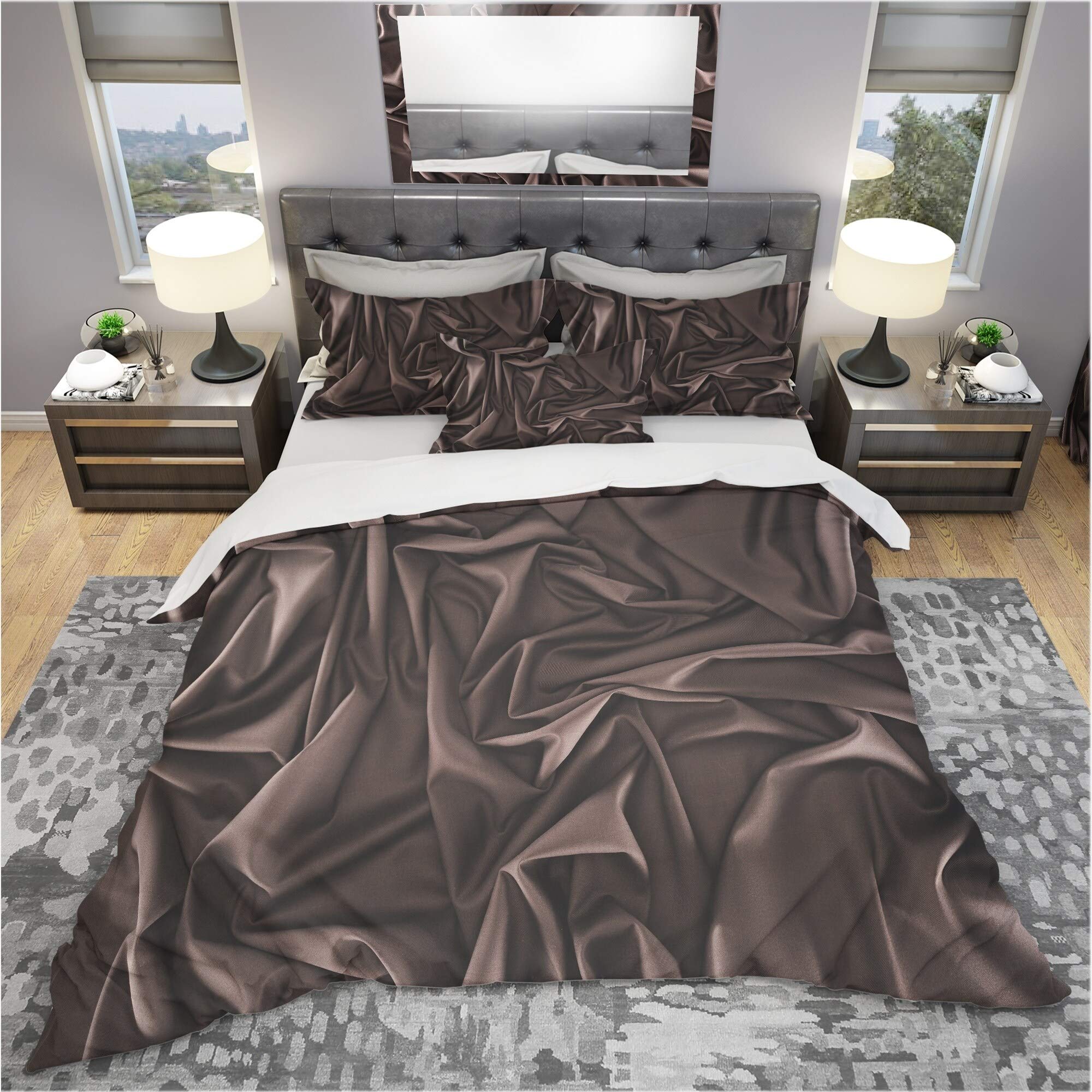 DESIGN ART 'Folded Dark Silk Waves' Modern Contemporary King Size Bedding Set - Duvet Cover & 2 Shams (Comforter Not Included) | Luxury Silk Wave Pattern for Master Bedroom Decor | Perfect for Modern Home, Hotel Style Bedroom & Gift Giving