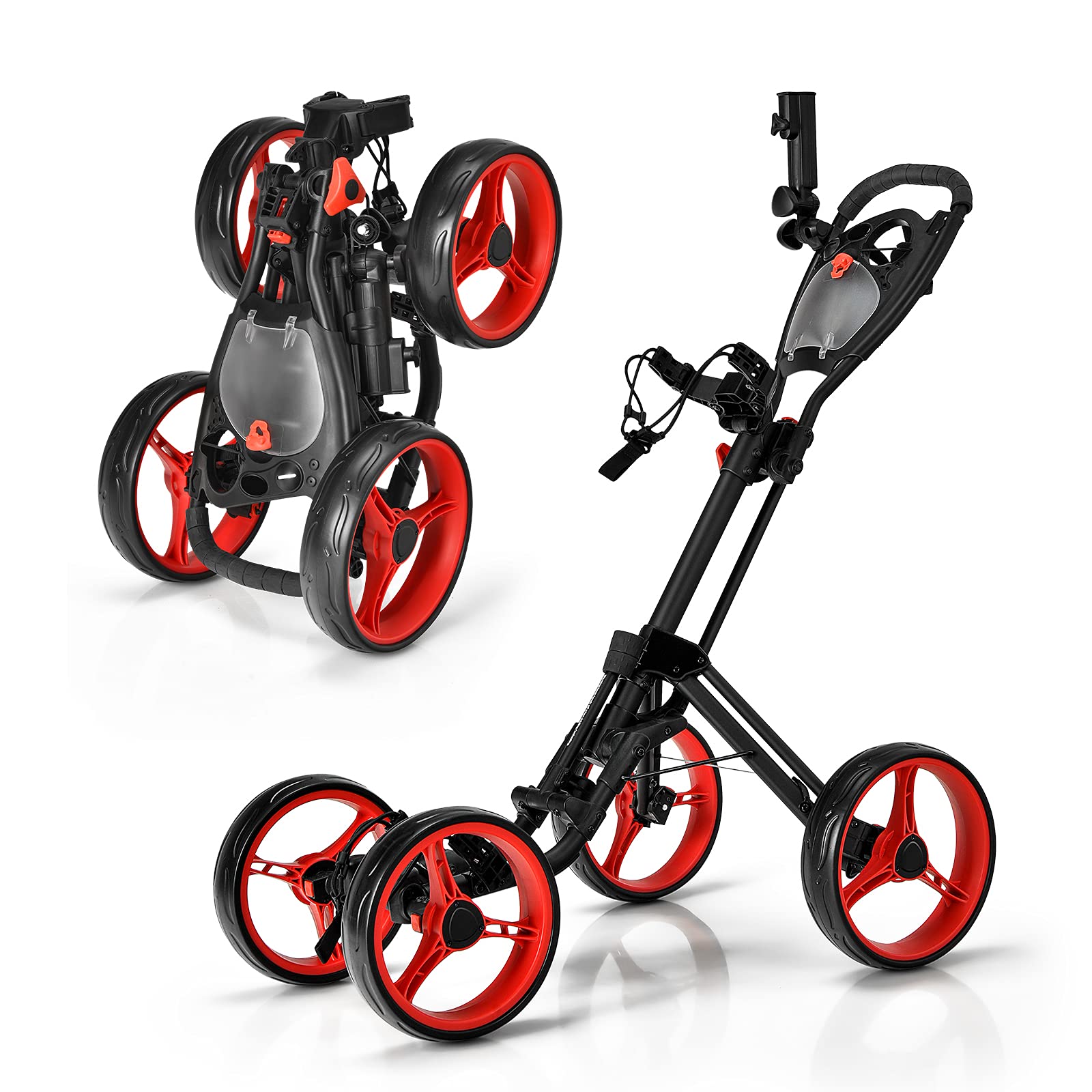 GYMAX 4 Wheel Folding Golf Push Cart - Adjustable Height Golf Trolley with Umbrella Holder, Cup Holder & Foot Brake | Lightweight Portable Golf Caddy for Adults & Teens | Perfect for Course, Driving Range & Practice Sessions