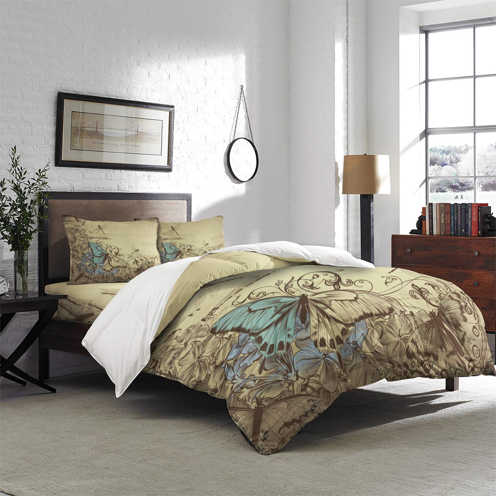 4 Piece King Size Duvet Cover Set - Abstract Butterfly & Dragonfly Design on Rustic Wood Grain, Luxury Soft Bedding Comforter Cover with 1 Duvet Cover, 1 Fitted Sheet & 2 Pillowcases - Perfect for Master Bedroom, Guest Room & Bohemian Home Decor