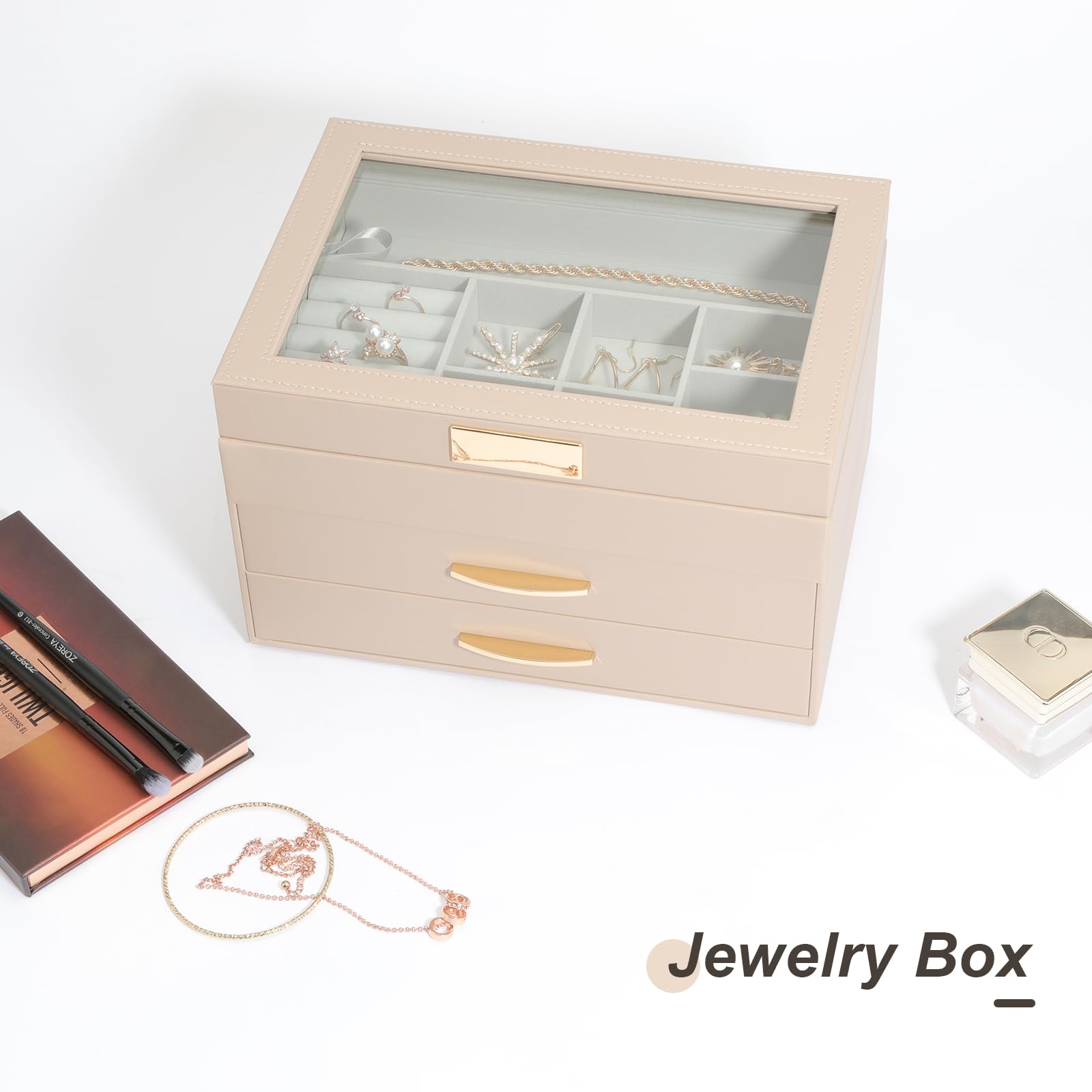 3-Tier Leather Jewelry Organizer Box with 2 Drawers - Large Capacity Jewelry Storage for Women & Girls (Apricot) | Perfect for Bedroom Vanity, Travel & Gift Giving