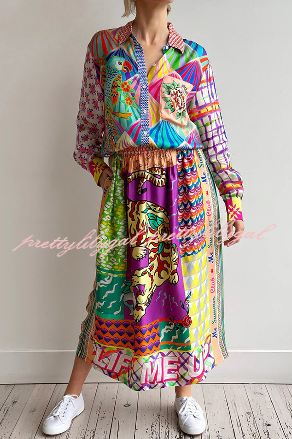 You Make Me Wonder Satin Colorful Unique Print Button Down Oversized Blouse - Stylish Women's Fashion Top for Casual Wear, Office & Date Nights
