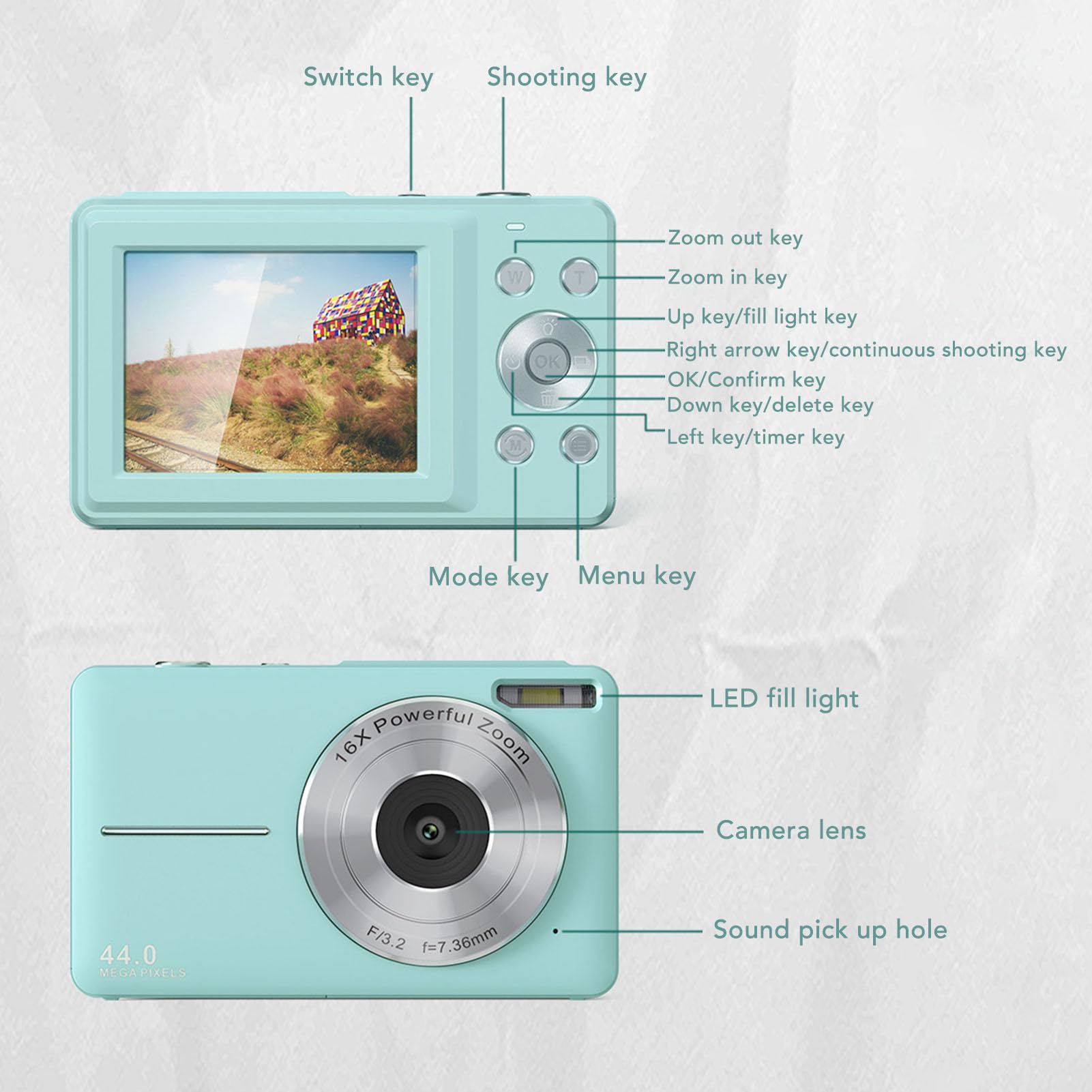 **44MP FHD 1080P Digital Camera with 16X Zoom, 2.4in IPS Screen & Anti-Shake - Compact Vlogging Camera for Kids, Students, Teens (Green) - Perfect for Travel, YouTube & Everyday Photography**