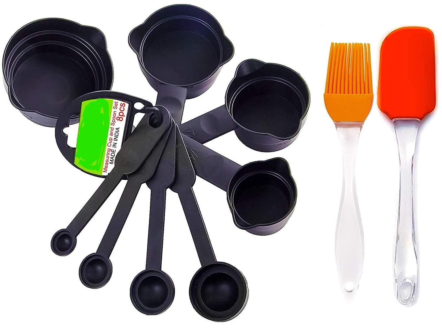 8-Piece Black Measuring Cups and Spoons Set with Silicone Spatula & Brush - Premium Baking Tools for Cooking, Baking, and Cake Decorating - Dishwasher Safe Kitchen Essentials