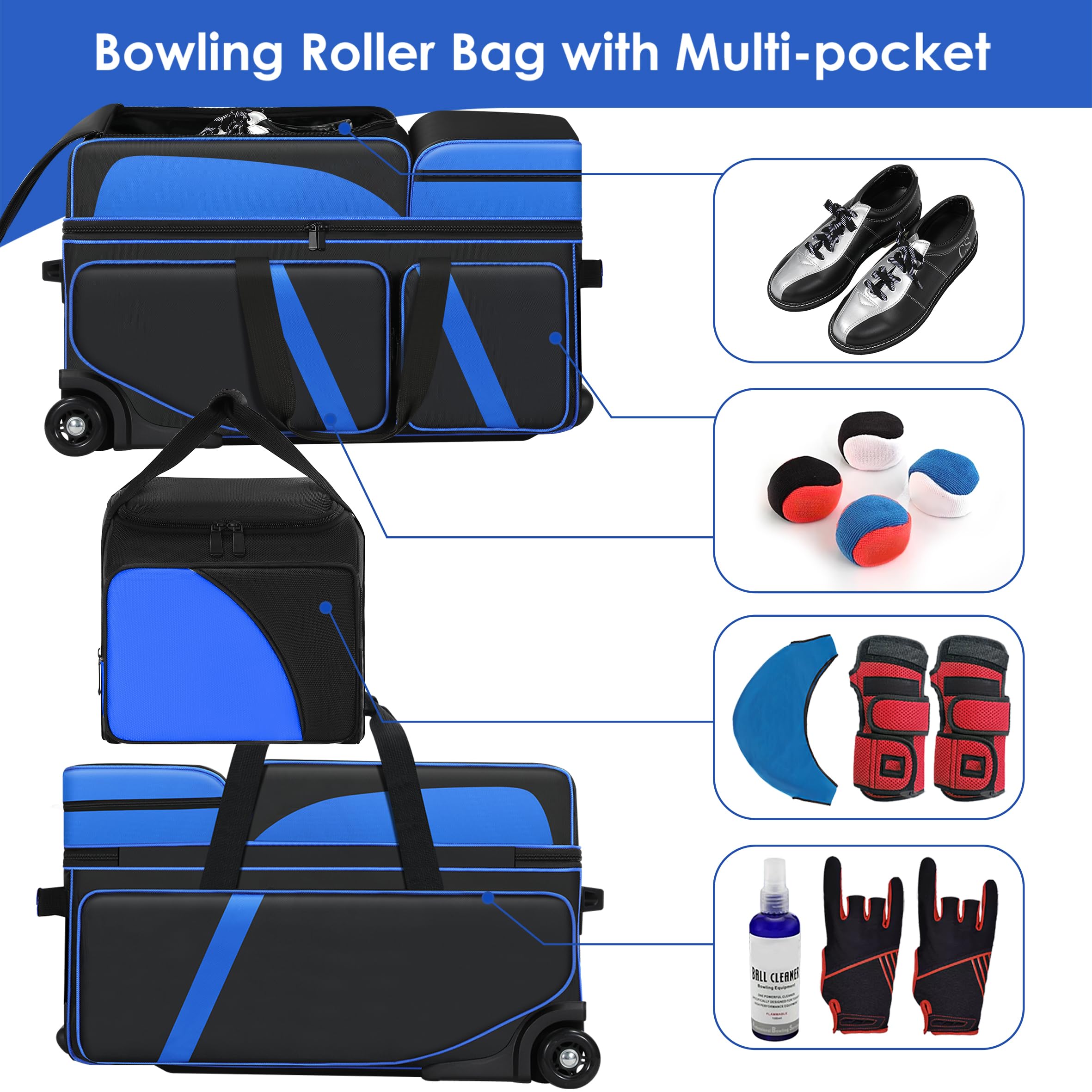 4 Ball Bowling Roller Bag with Wheels, Multi-Pocket Storage & Shoe Compartment - Retractable Handle Bowling Ball Carrier for Men & Women - Perfect for League Play & Tournament Travel