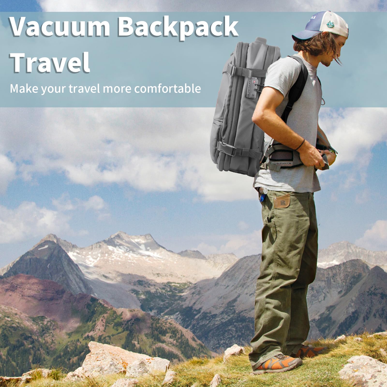 Vacuum Compression Travel Backpack 60L with Air Pump - Expandable, Anti-Theft Light Gray Hiking Backpack for Camping, Hiking & Outdoor Adventures