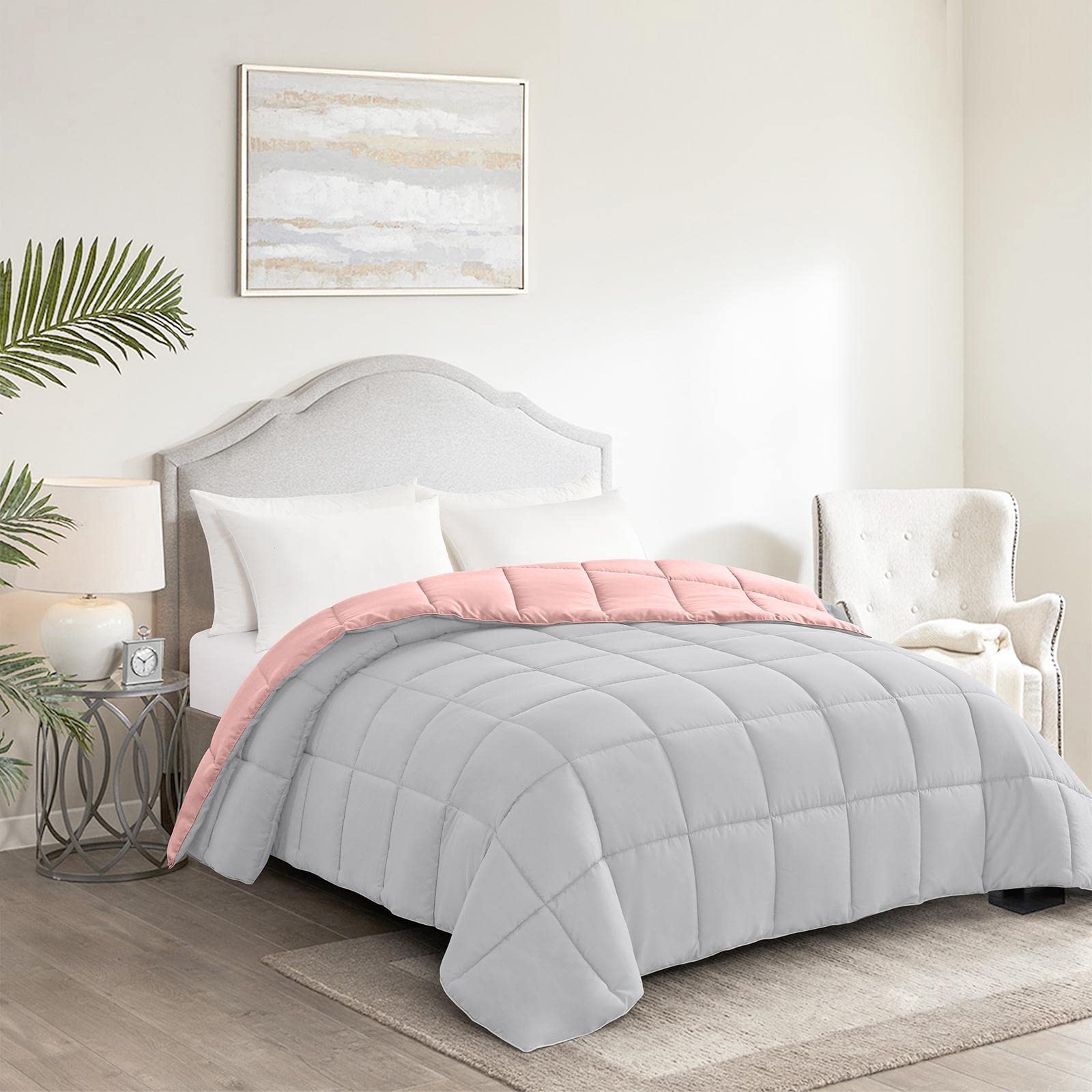 Homelike Moment Twin Comforter Duvet Insert - Pink Down Alternative Bedding, Lightweight All-Season Reversible Comforter (Pink/Grey) for Kids, Teens & Guest Rooms - Soft Quilted Design for Ultimate Comfort