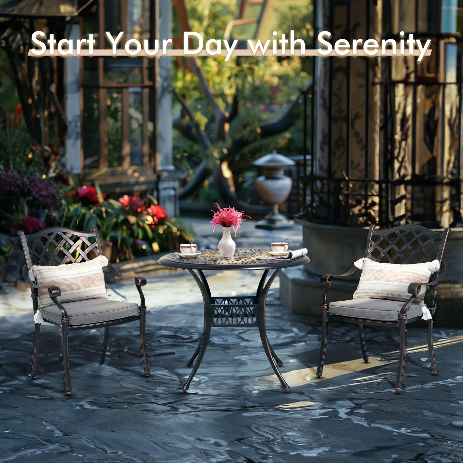 JOIVI 3-Piece Outdoor Dining Set - Cast Aluminum Patio Furniture with Umbrella Hole, Stackable Chairs & Table in Antique Bronze - Perfect for Balcony, Garden, Backyard & Poolside Entertaining | Weather-Resistant & Durable Bistro Set for Outdoor Gatherings