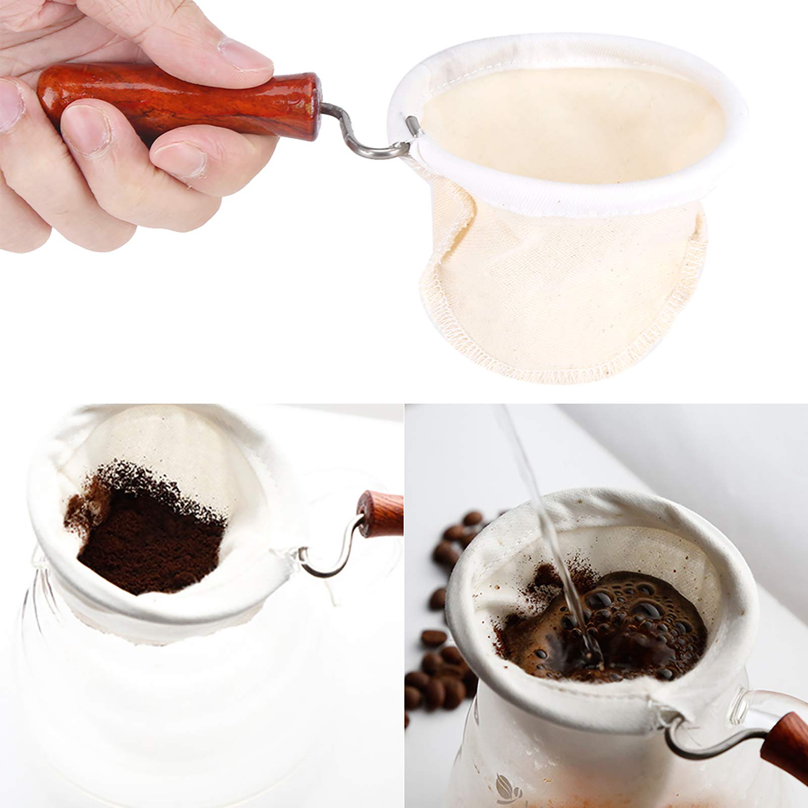 Reusable Cloth Coffee Filter with Wood Handle - Handmade for Pour Over Brewing
