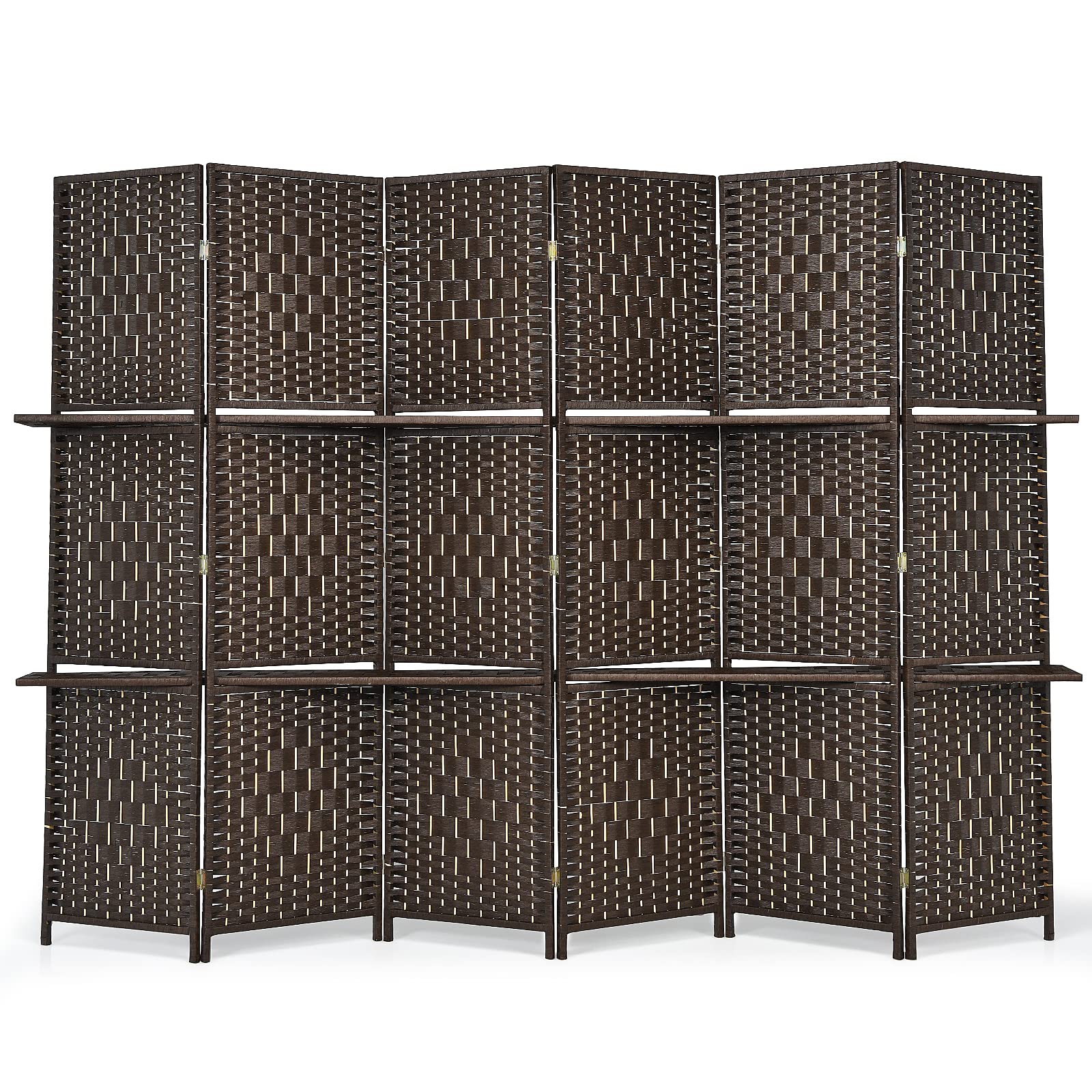 Giantex 6Ft 6-Panel Room Divider with Shelves - Hand-Woven Rattan Freestanding Folding Privacy Screen for Home, Office & Studio - Wooden Partition Wall for Room Separation | Perfect for Creating Private Spaces, Home Decor & Workspace Organization