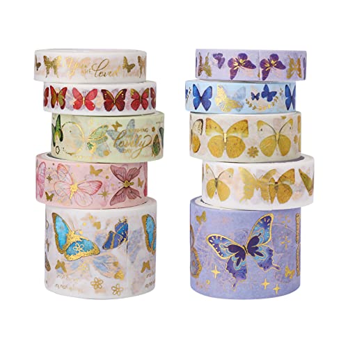 KINBOM 10-Piece Butterfly Washi Tape Set - 3 Sizes Gold Foil Decorative Masking Tapes for DIY Crafts, Scrapbooking, Journaling, Bullet Notebooks & Planner Decor - Aesthetic Pastel Butterfly Design for Creative Projects