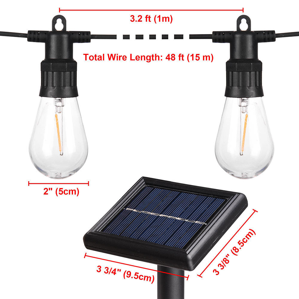 Solar Powered Outdoor String Lights - 15 LED Bulbs, 48ft Waterproof Bistro Lights for Patio, Garden, Backyard & Wedding Decor