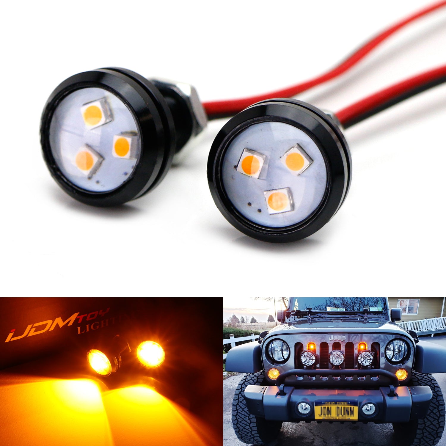 2PCS Amber 3 SMD LED Eagle Eye Projector Lights with Screws - Durable Parking, Fog & Backup Lights for Cars, Trucks, SUVs - Enhanced Visibility for Night Driving & Bad Weather Conditions