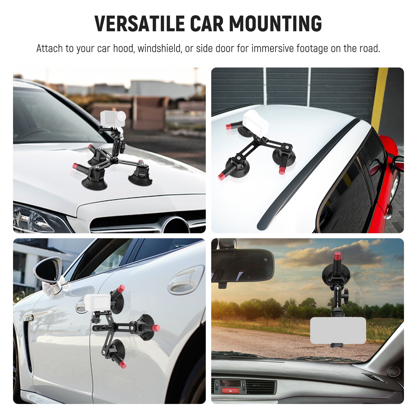 Neewer CA067 Triple Suction Cup Car Camera Mount - Secure Dash & Windshield Mount for GoPro, Smartphones & Action Cameras - Perfect for Road Trips, Vlogging & Adventure Filming