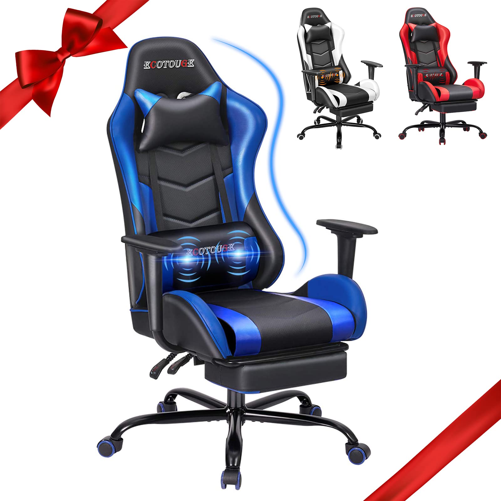 ECOTOUGE Ergonomic PC Massage Gaming Chair with Adjustable Footrest - Racing Style PU Leather Office Desk Chair with Headrest & Lumbar Support - Recliner Swivel Rocker for Home/Office/Gaming (Blue)