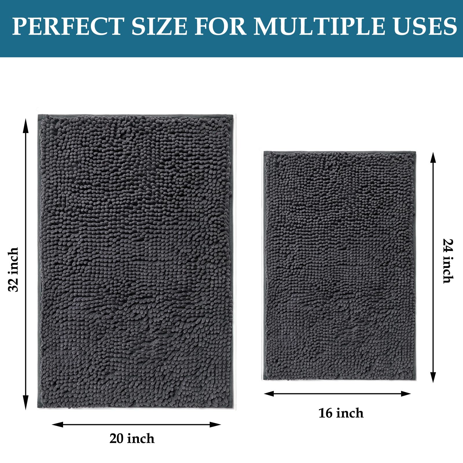 Non-Slip Bathroom Rugs Set of 2 - Ultra Absorbent Chenille Bath Mats for Bathroom Floor, Soft Shaggy Bathtub Mats, Deep Grey - Perfect for Bathroom Safety & Cozy Home Decor