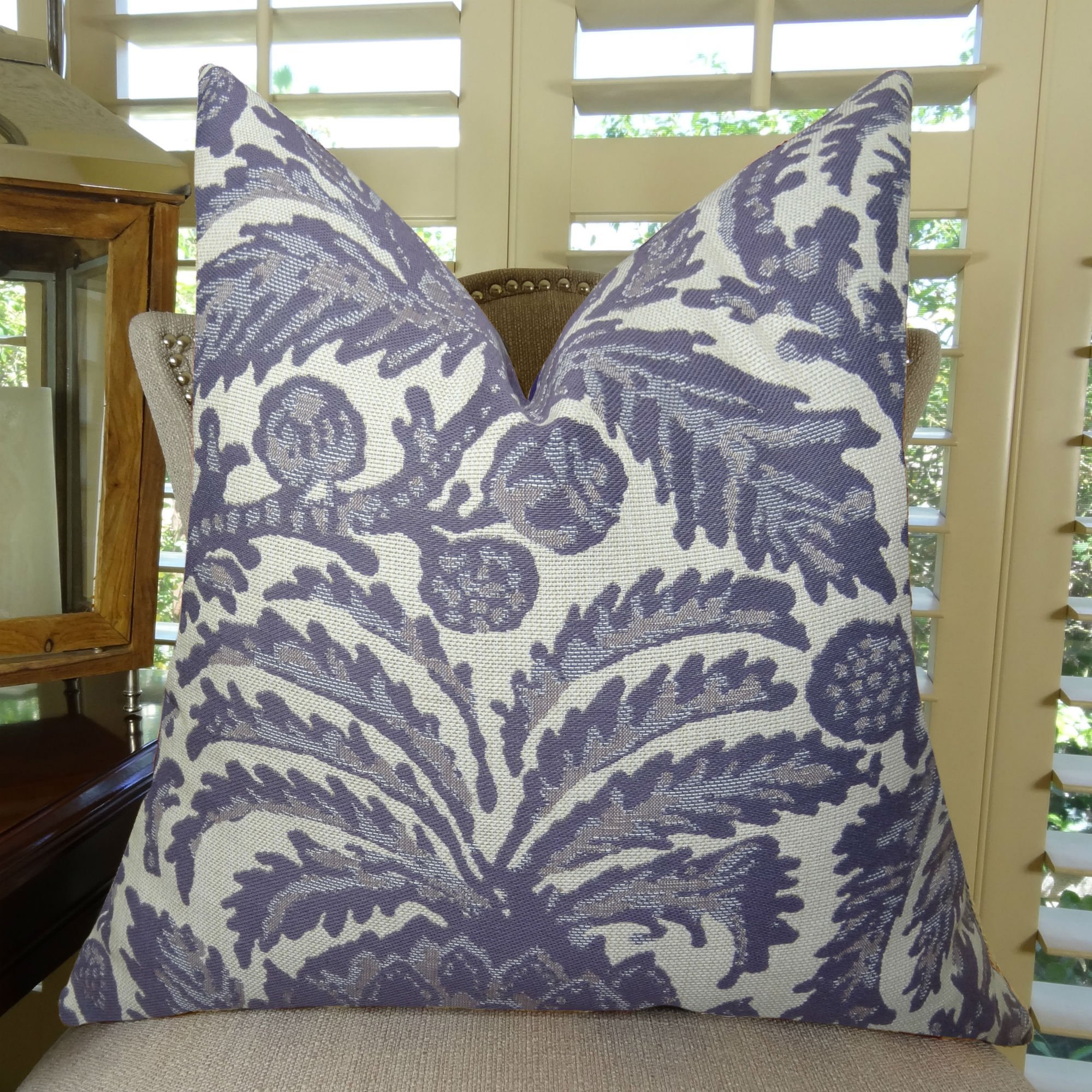 Violet Floral Throw Pillow - Purple & Cream Cotton Decorative Cushion | Handmade in USA | Perfect for Sofa, Bed & Home Decor Accent