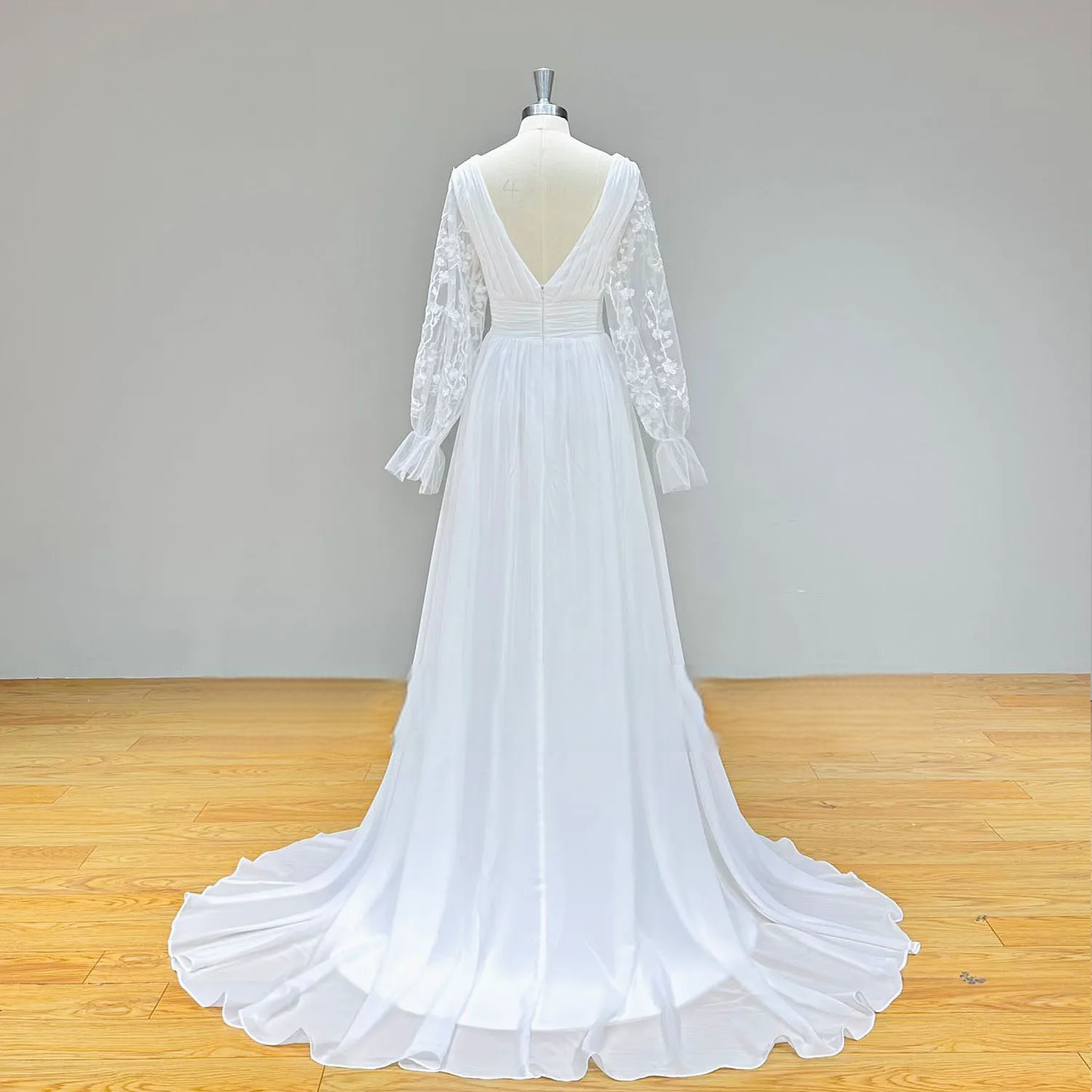 Elegant Lace Chiffon Beach Wedding Dress with Deep V Neck & High Slit - Perfect for Destination Weddings, Beach Elopements & Boho Bridal Photoshoots