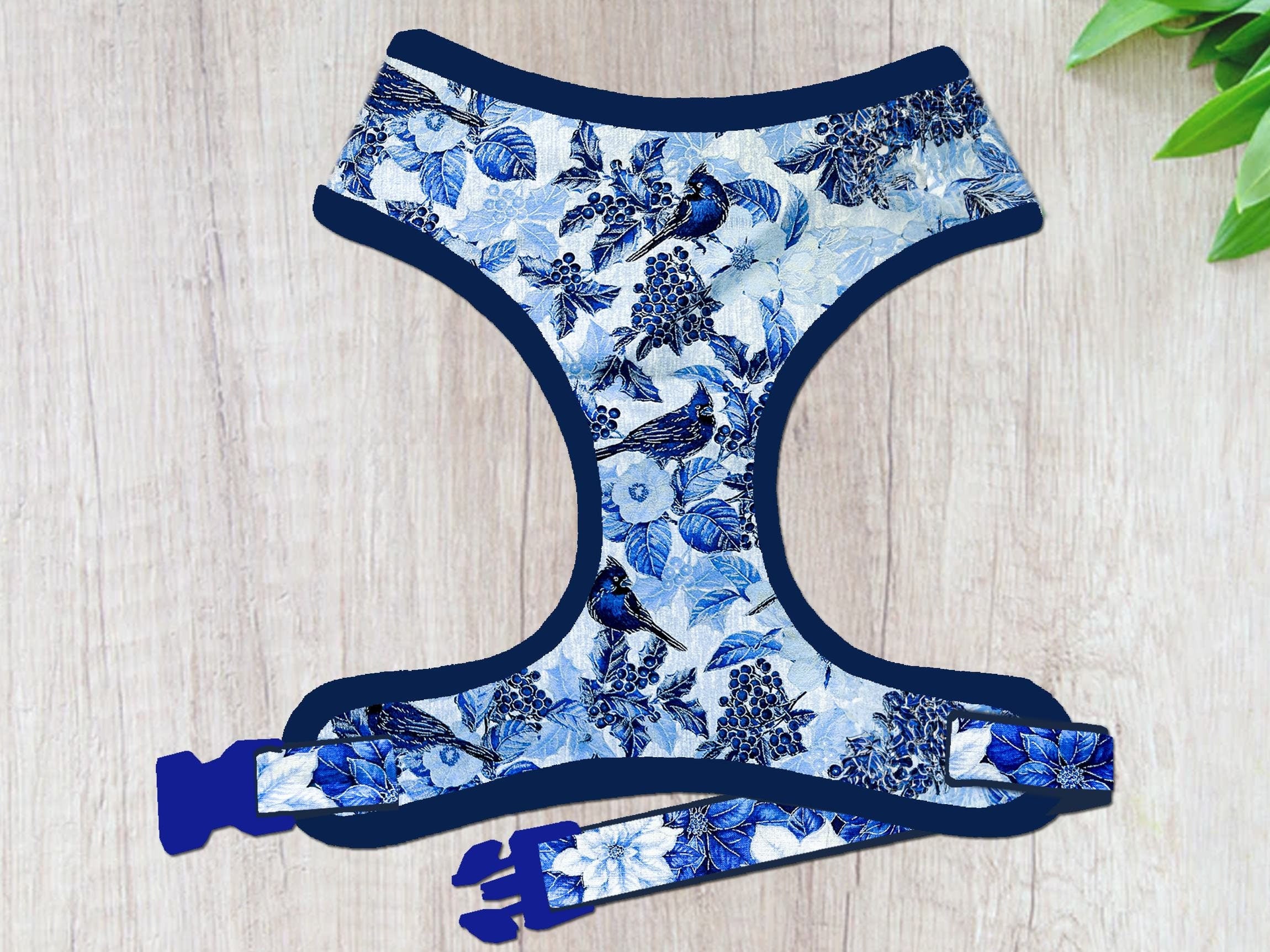 Christmas Dog Harness with Blue Bird & Poinsettia Design - Festive Pet Accessory for Holiday Walks & Photos